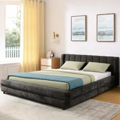 Chenille Upholstered Queen Size Upholstered Bedframe with Drawers