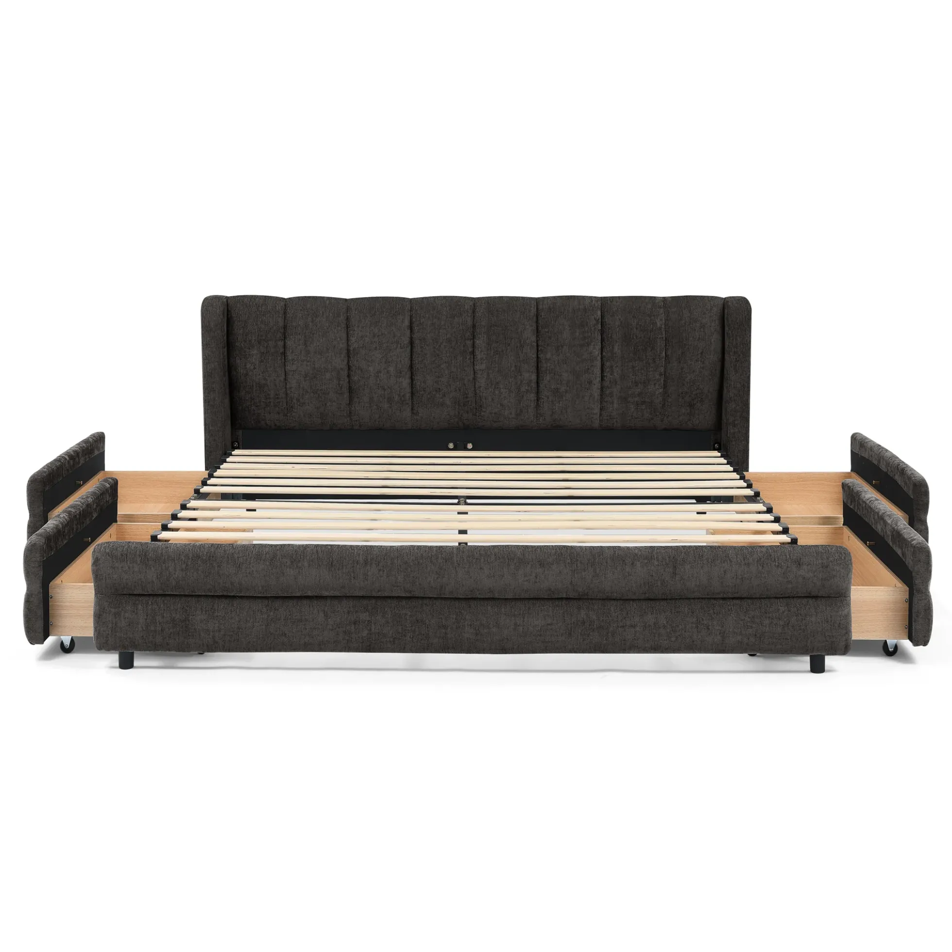 Chenille Upholstered Queen Size Upholstered Bedframe with Drawers