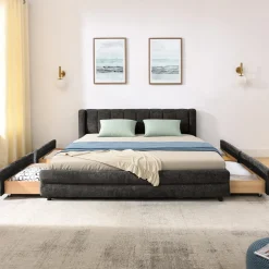Chenille Upholstered Queen Size Upholstered Bedframe with Drawers