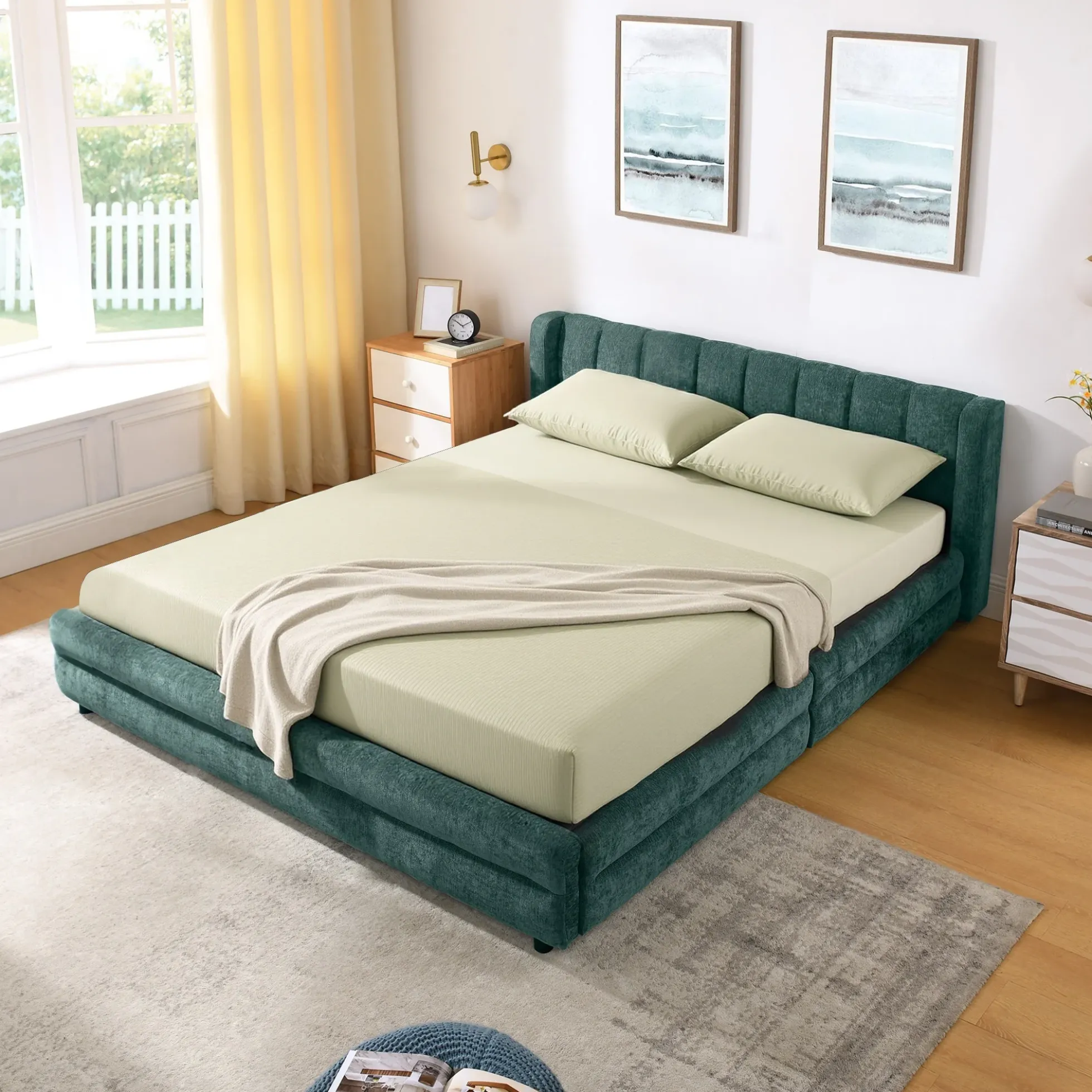 Chenille Upholstered Queen Size Upholstered Bedframe with Drawers
