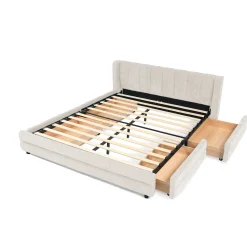 Chenille Upholstered Queen Size Upholstered Bedframe with Drawers