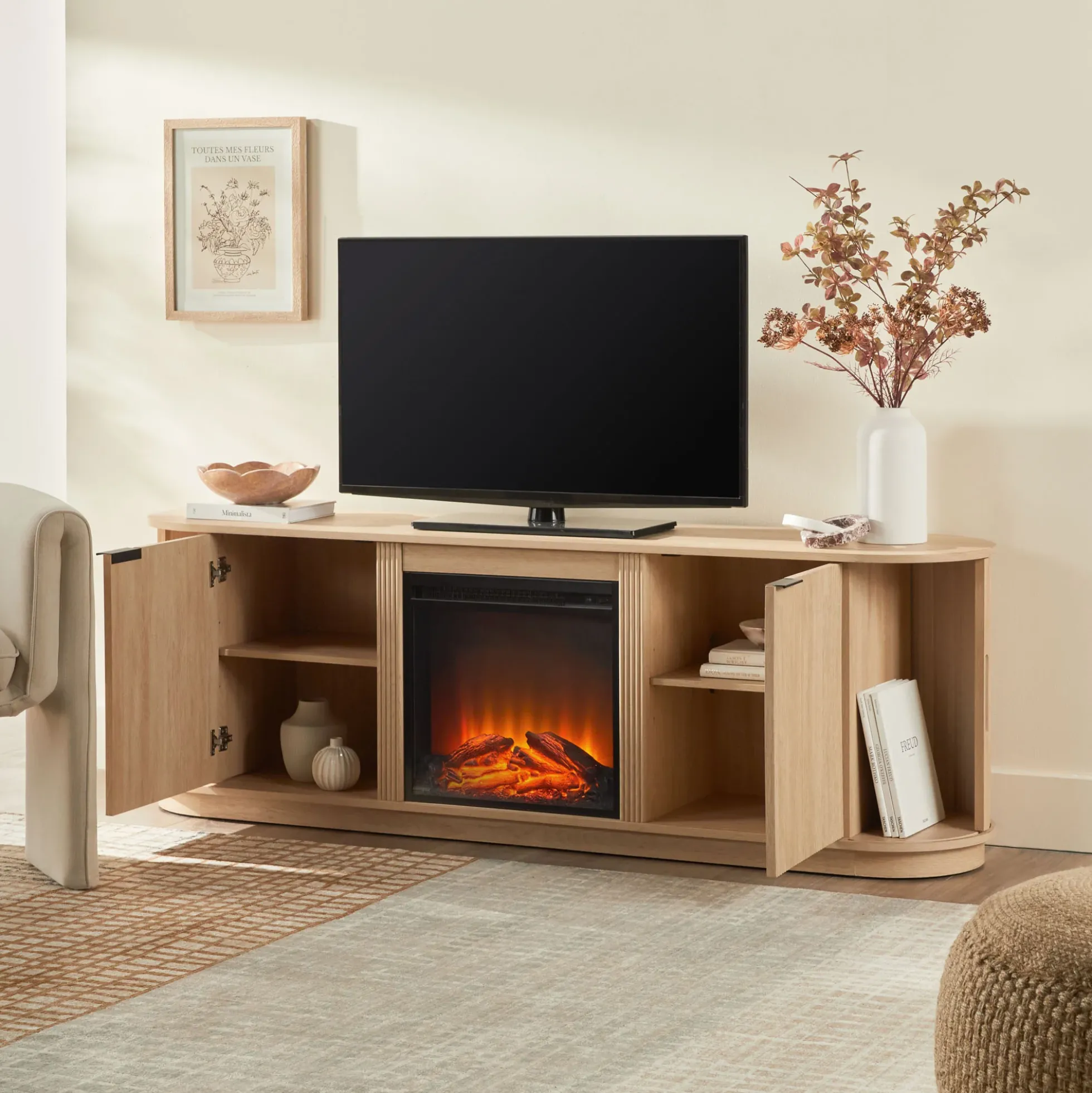 Chloe Modern Scandinavian Reeded Fireplace TV Stand in 2 Sizes