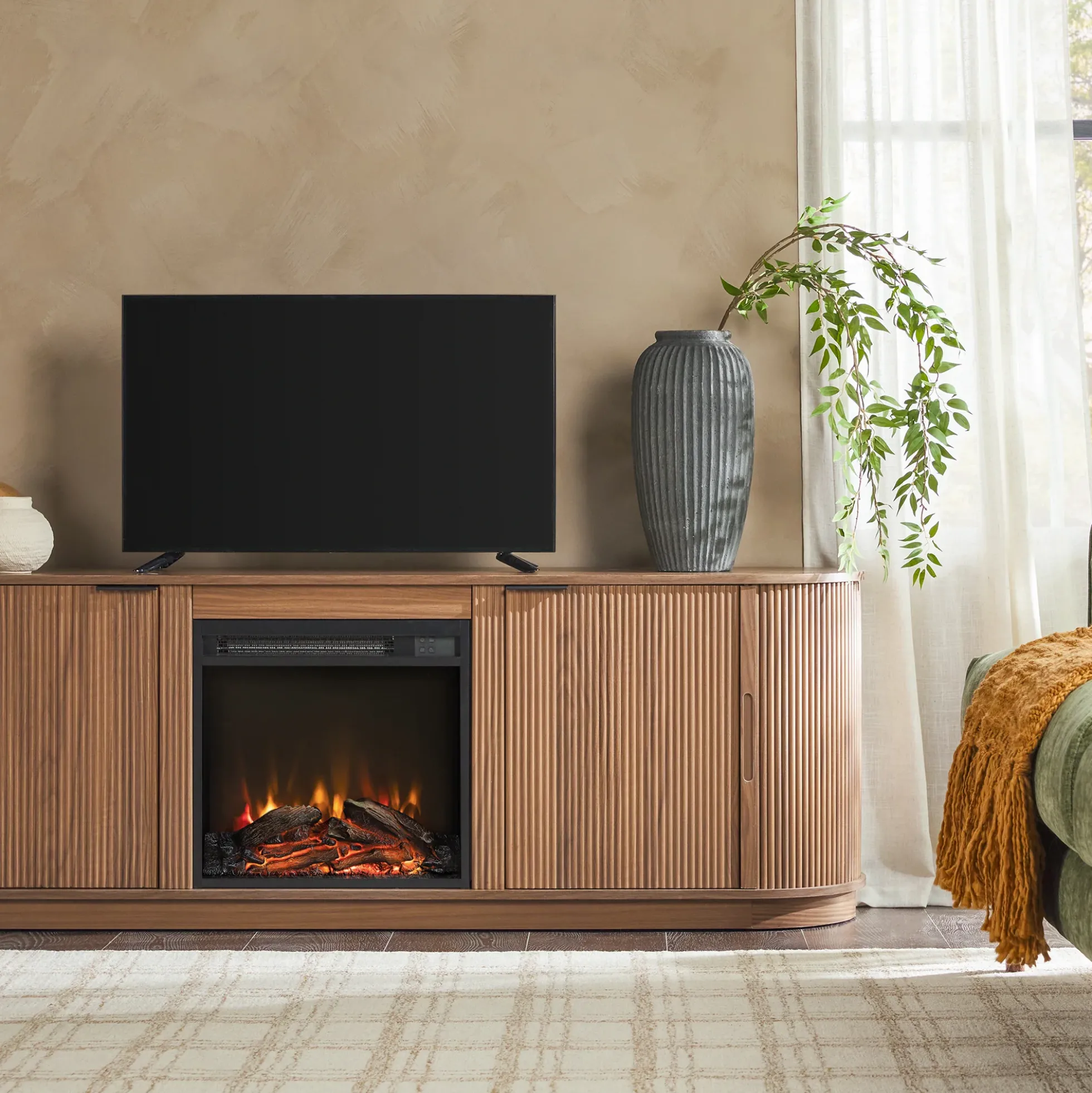 Chloe Modern Scandinavian Reeded Fireplace TV Stand in 2 Sizes