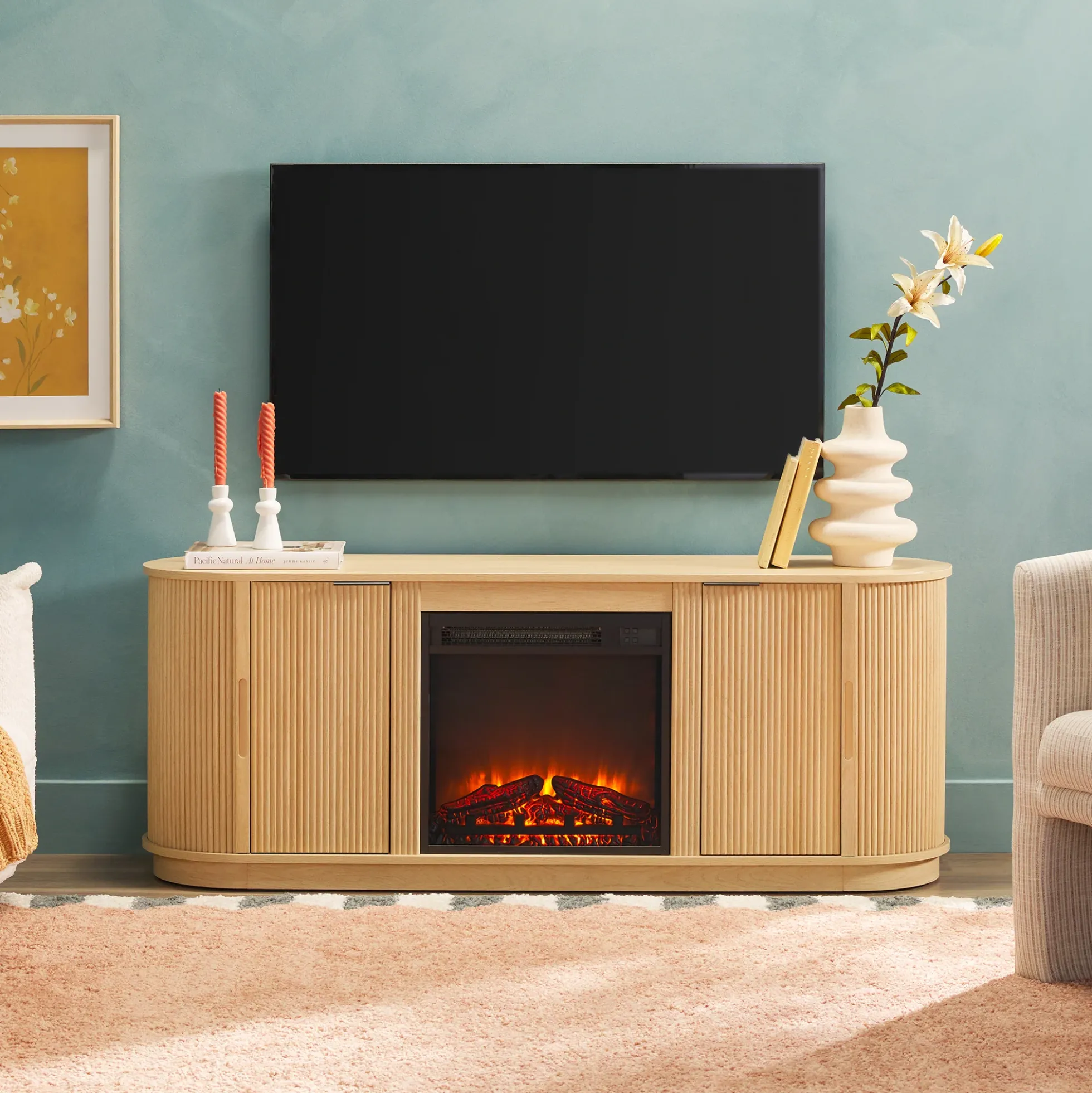 Chloe Modern Scandinavian Reeded Fireplace TV Stand in 2 Sizes