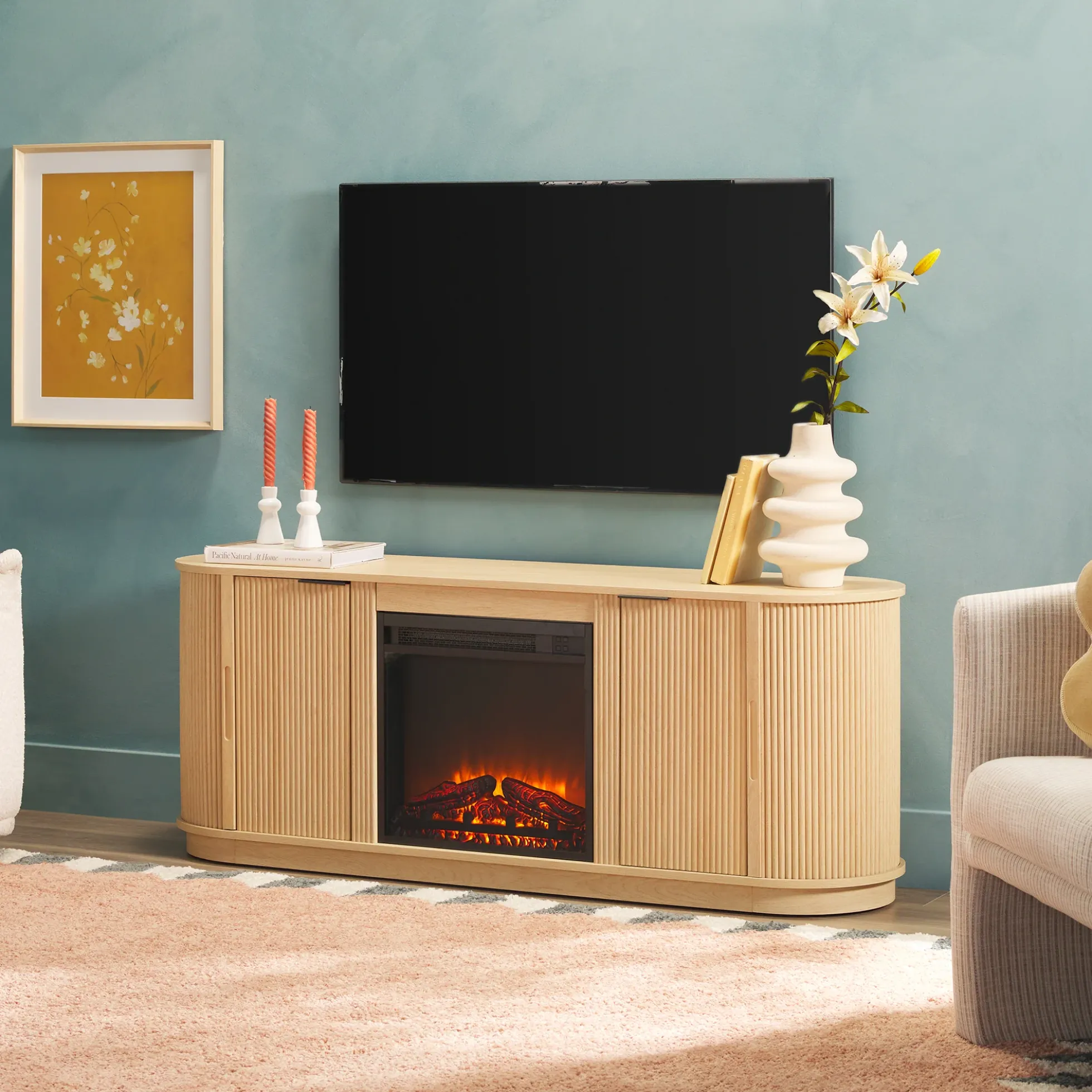 Chloe Modern Scandinavian Reeded Fireplace TV Stand in 2 Sizes