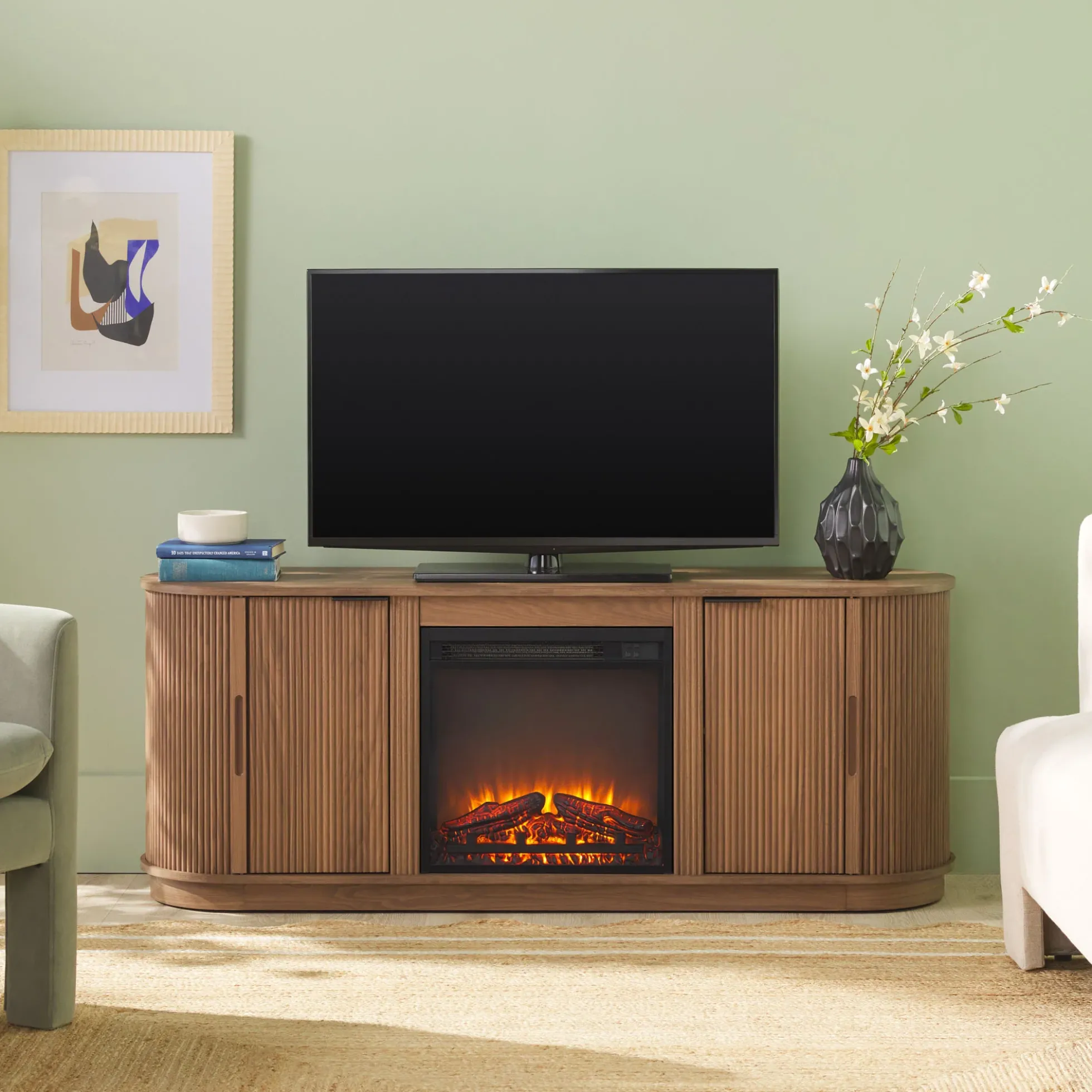 Chloe Modern Scandinavian Reeded Fireplace TV Stand in 2 Sizes