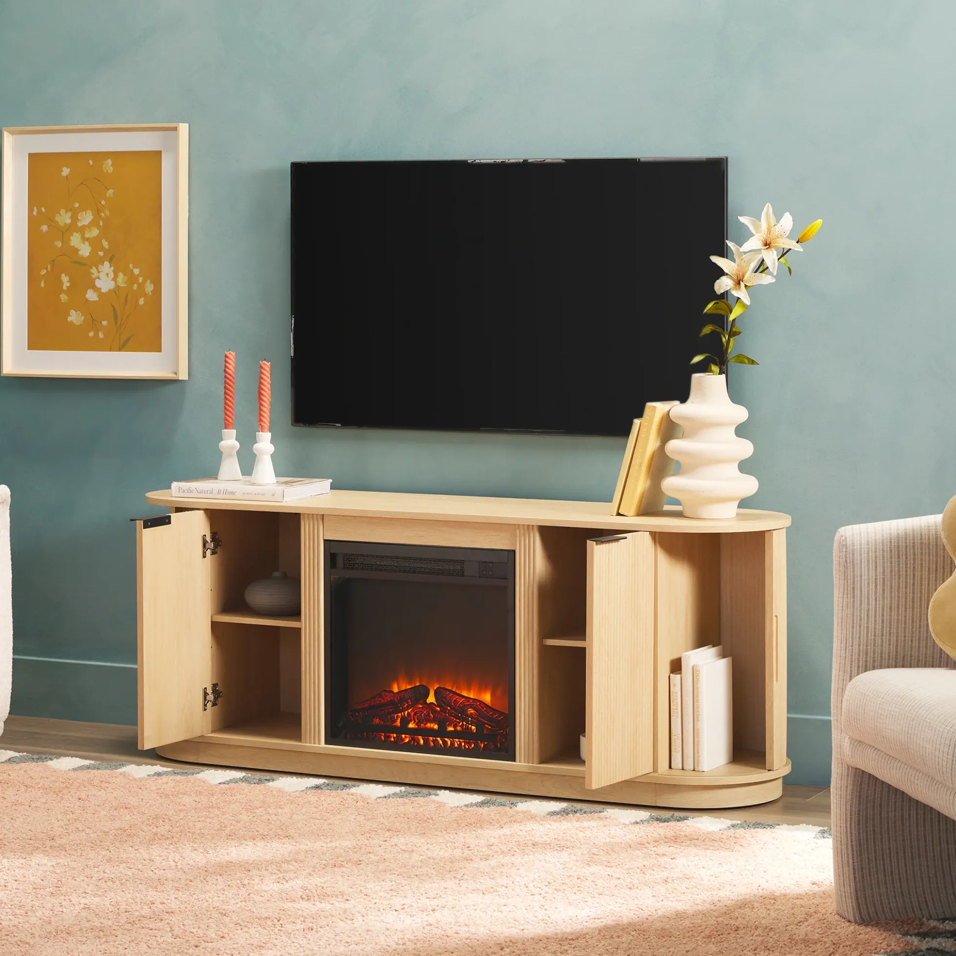 Chloe Modern Scandinavian Reeded Fireplace TV Stand in 2 Sizes