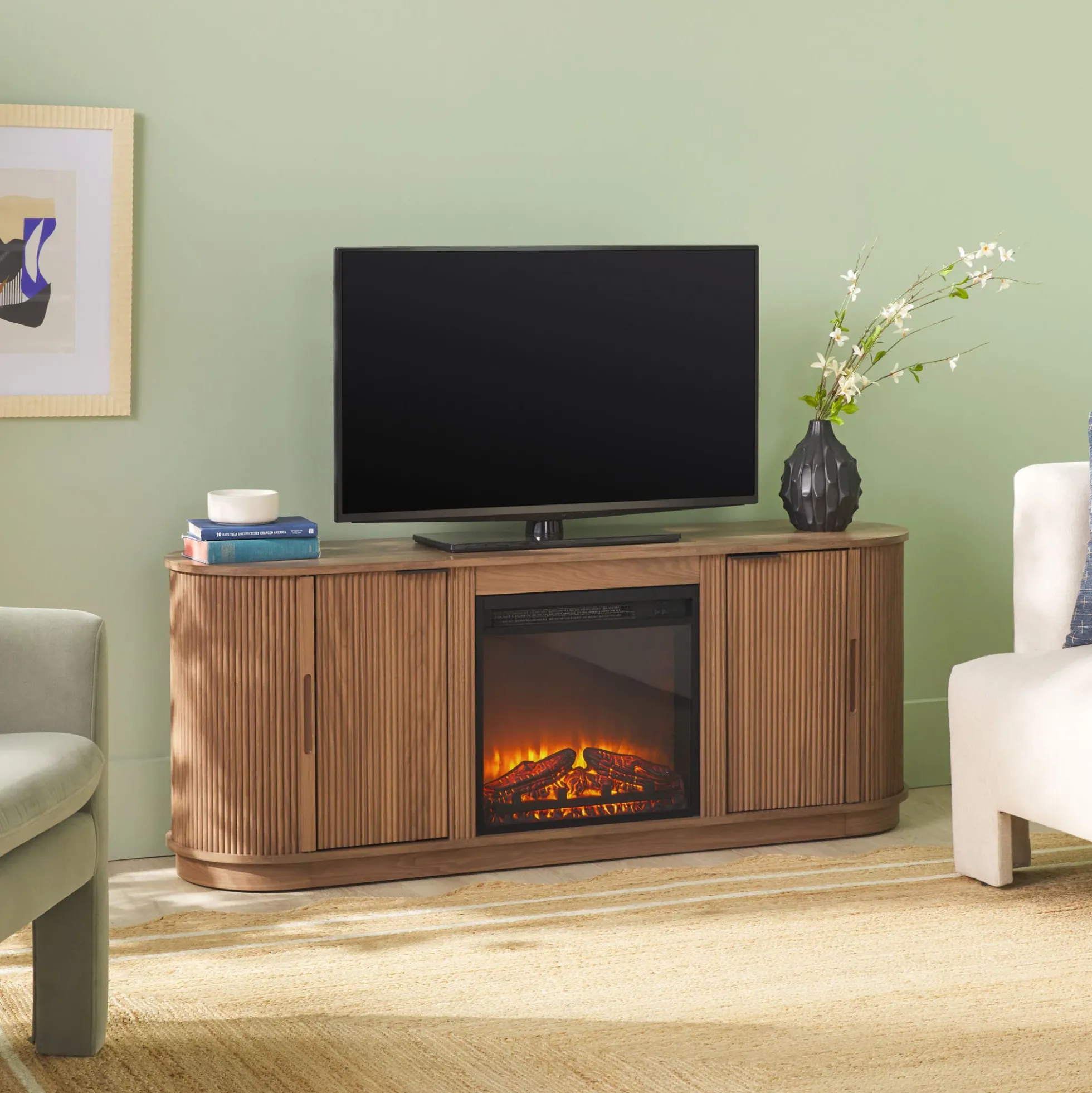 Chloe Modern Scandinavian Reeded Fireplace TV Stand in 2 Sizes
