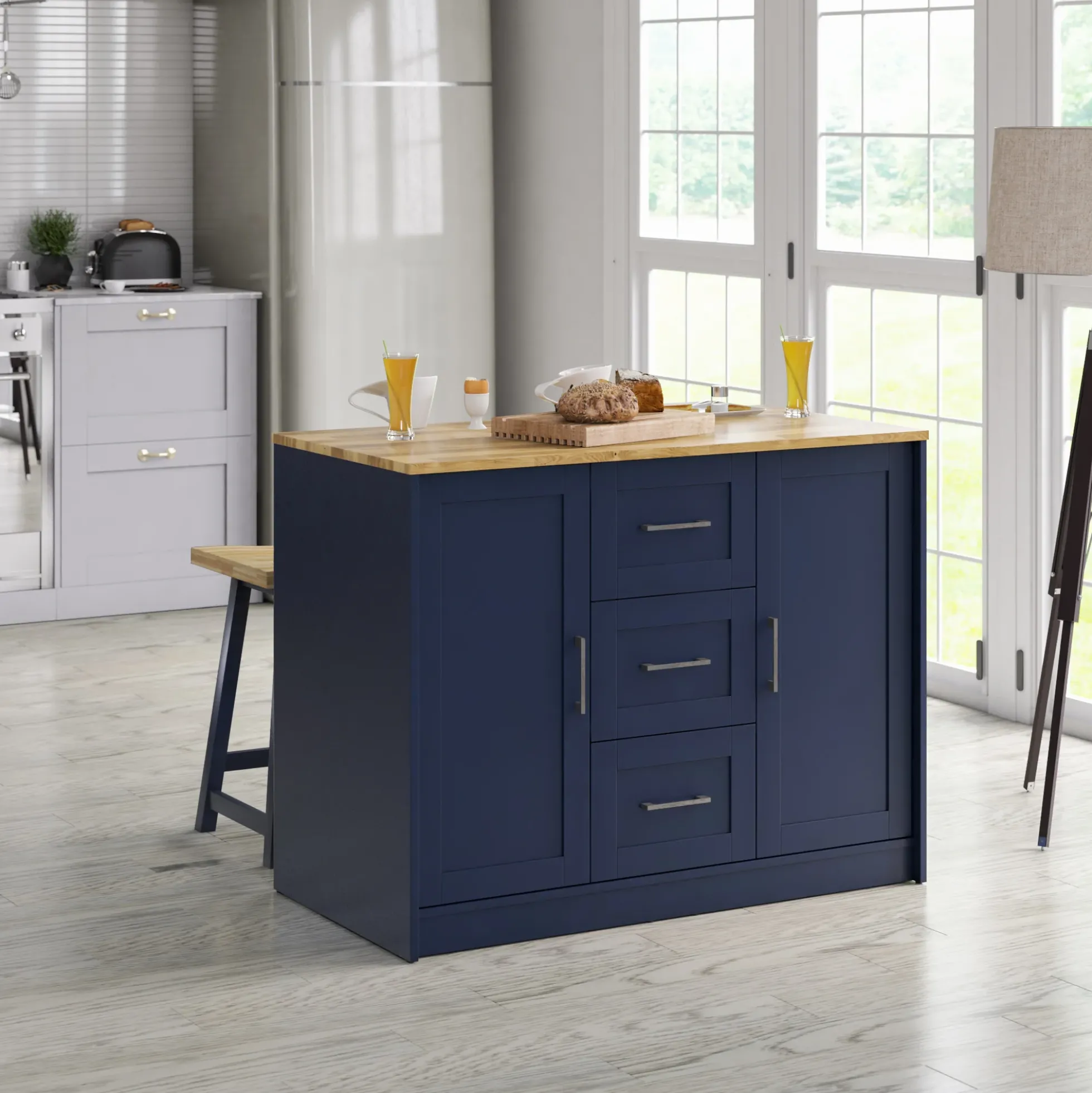 Classic Modern Kitchen Island with Butcher Block Top