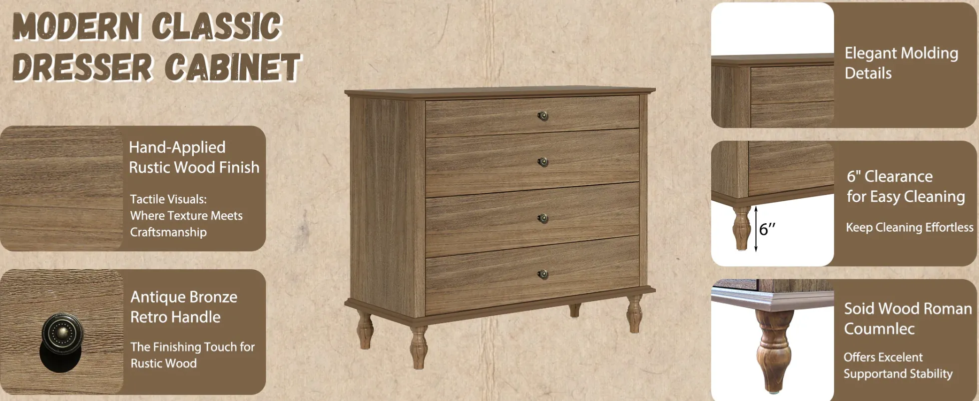 Classic Modern Wide 4-Drawer Chest Dresser