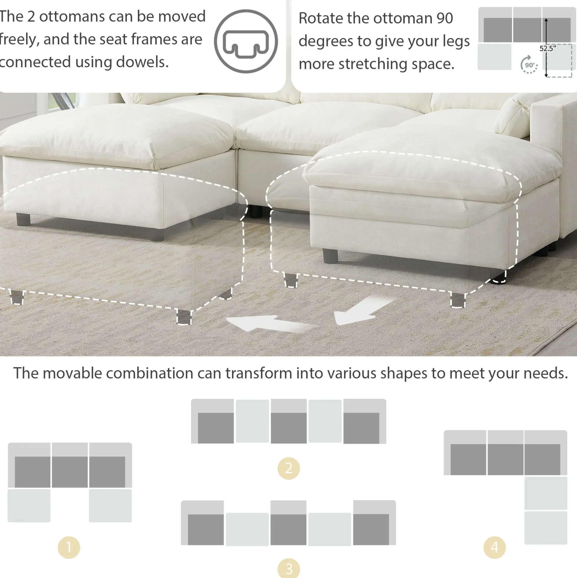 Cloud Modular Sectional Sofa with Storage Pockets and 2 Movable Ottomans