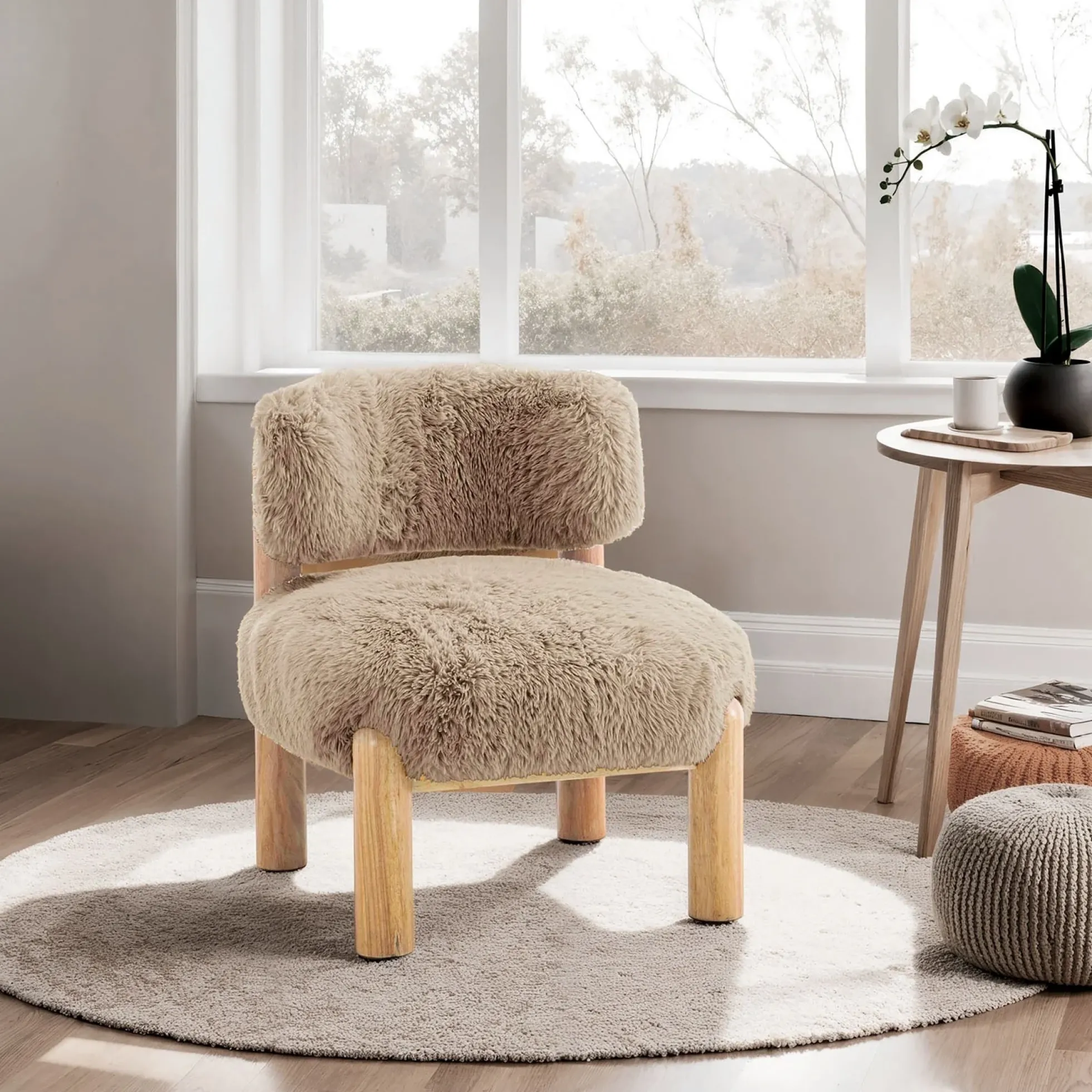 Contemporary Plush Fur Fabric Accent Chair with Wooden Legs