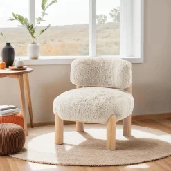 Contemporary Plush Fur Fabric Accent Chair with Wooden Legs