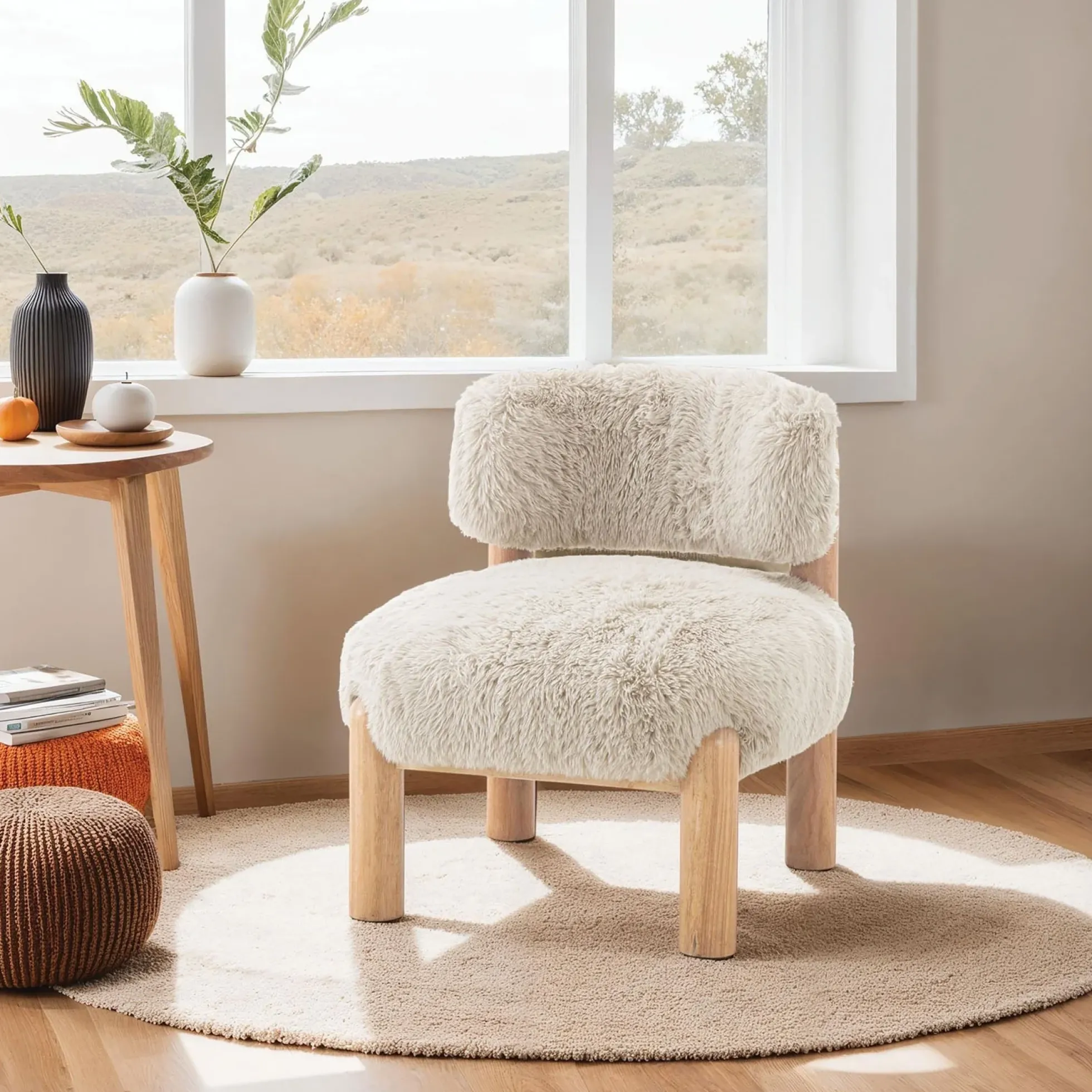 Contemporary Plush Fur Fabric Accent Chair with Wooden Legs