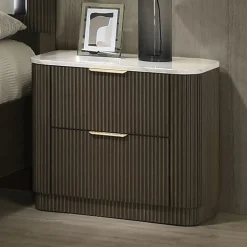 Contemporary Reeded Marble Top Two Drawer Nightstand with Plinth Base