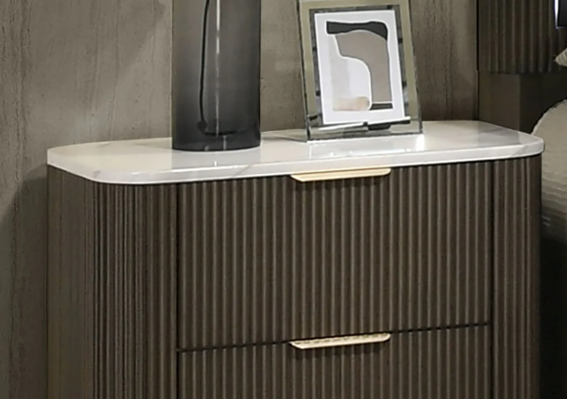 Contemporary Reeded Marble Top Two Drawer Nightstand with Plinth Base