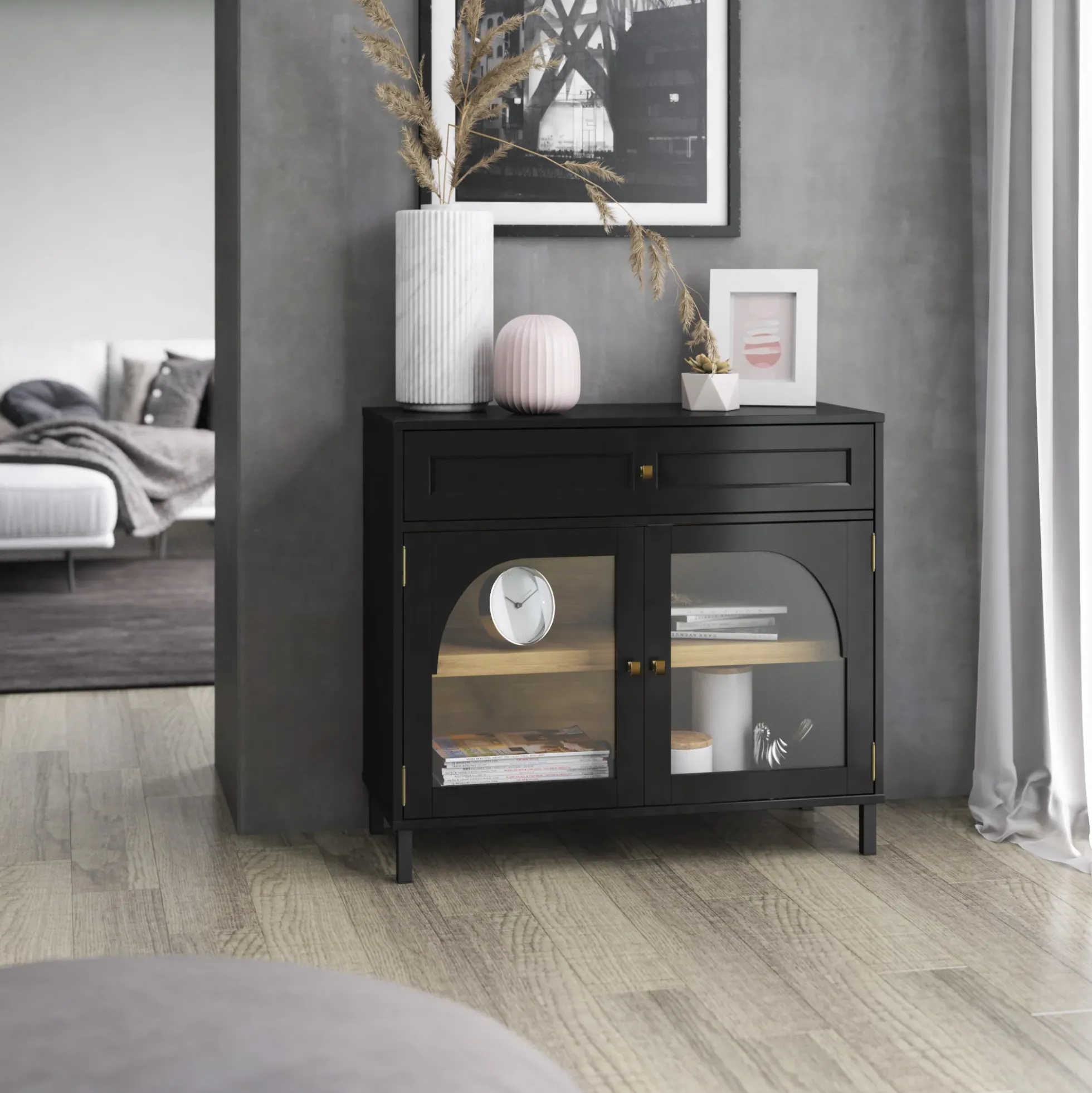 Contemporary Two‑Tone Accent Cabinet with Glass‑Doors