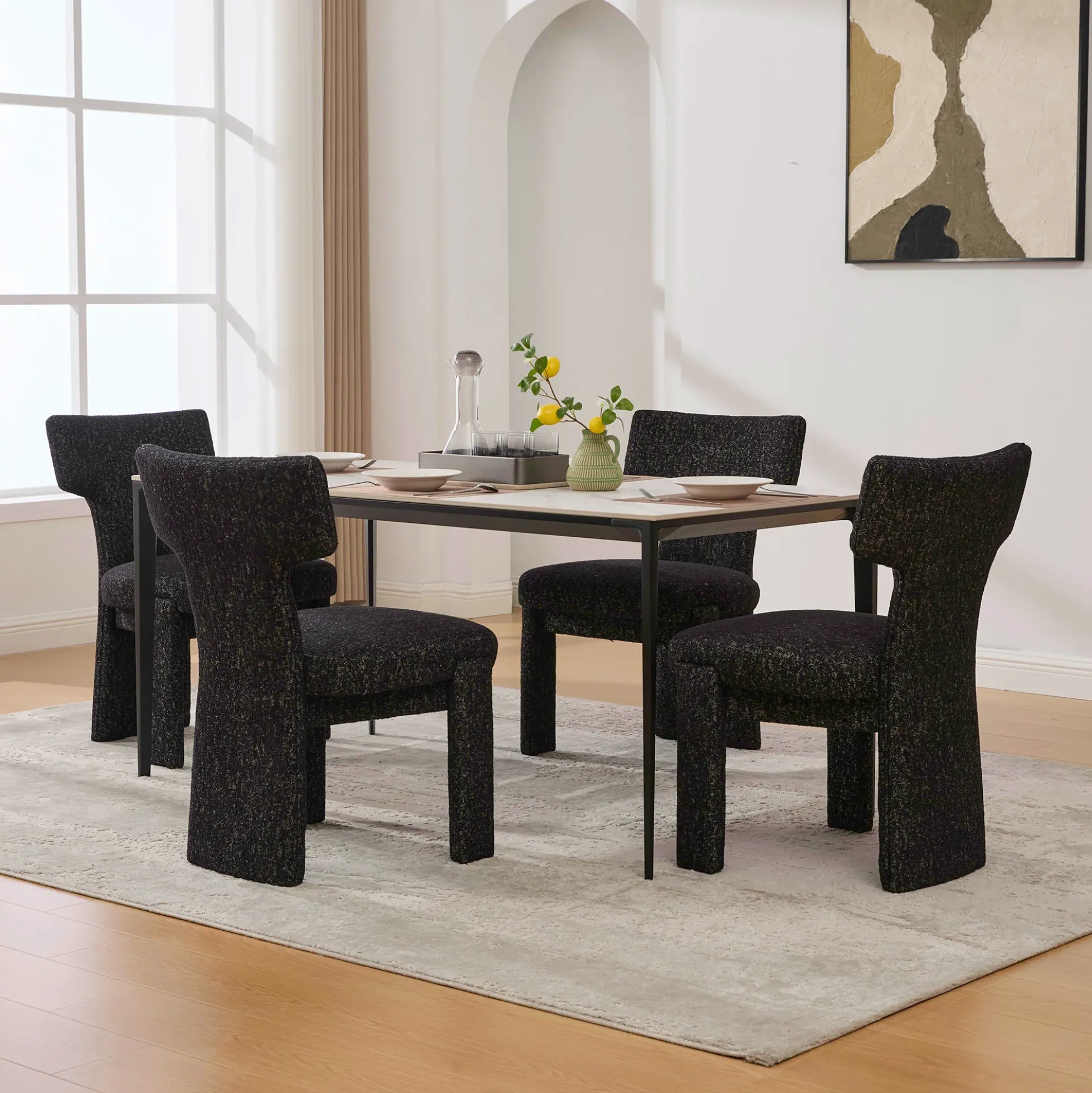 Curve Design Wide Modern Upholstered Chenille Dining Chair Set of 4