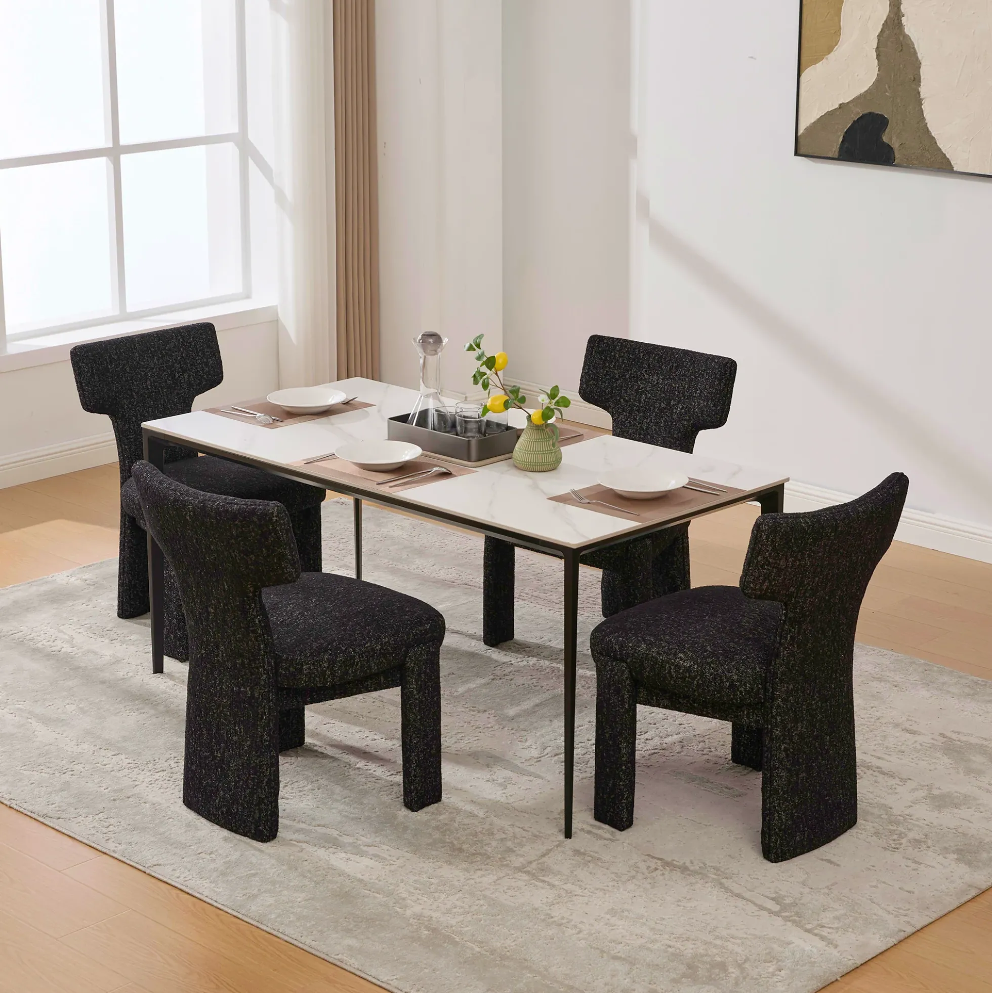Curve Design Wide Modern Upholstered Chenille Dining Chair Set of 4
