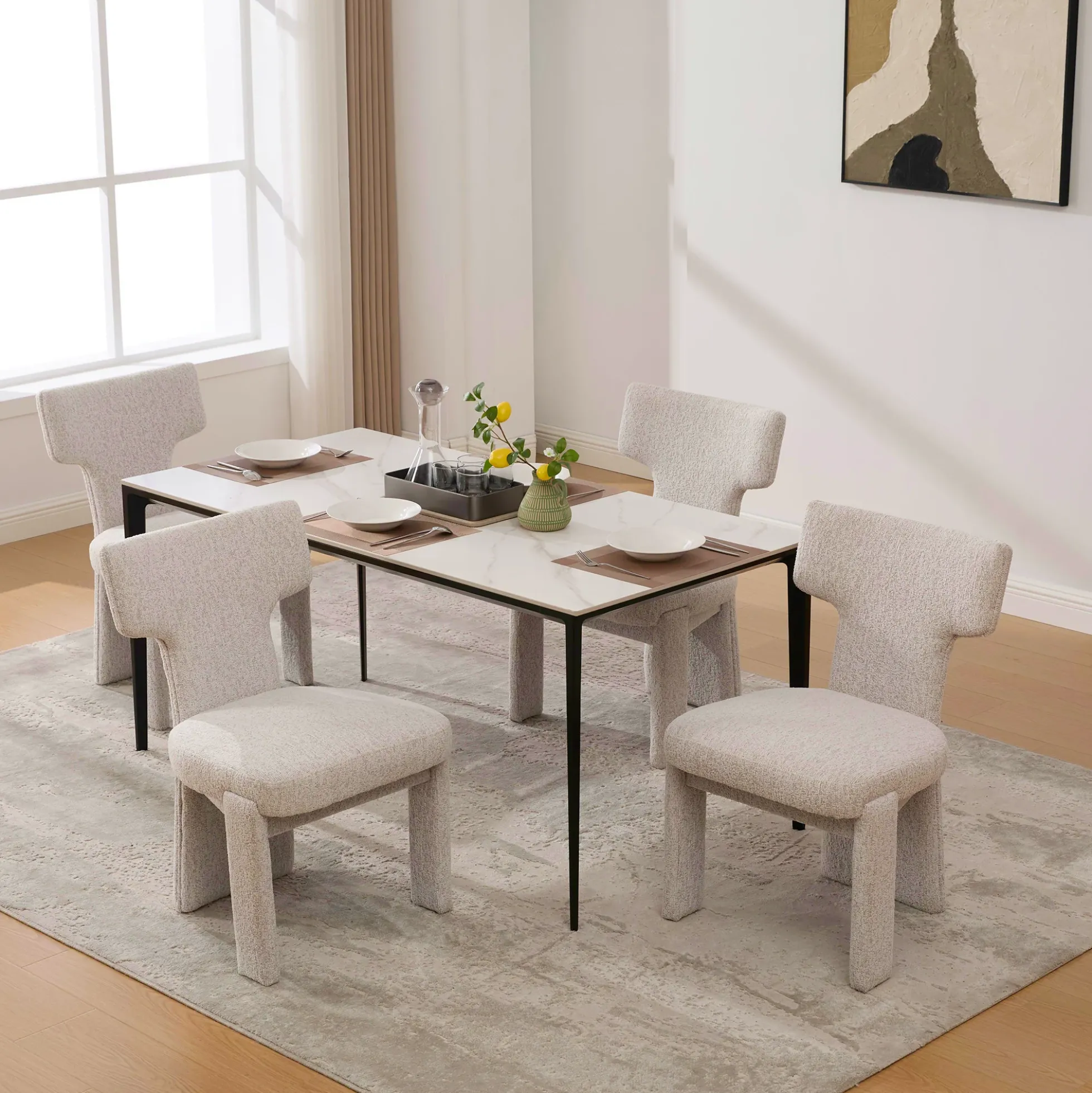 Curve Design Wide Modern Upholstered Chenille Dining Chair Set of 4