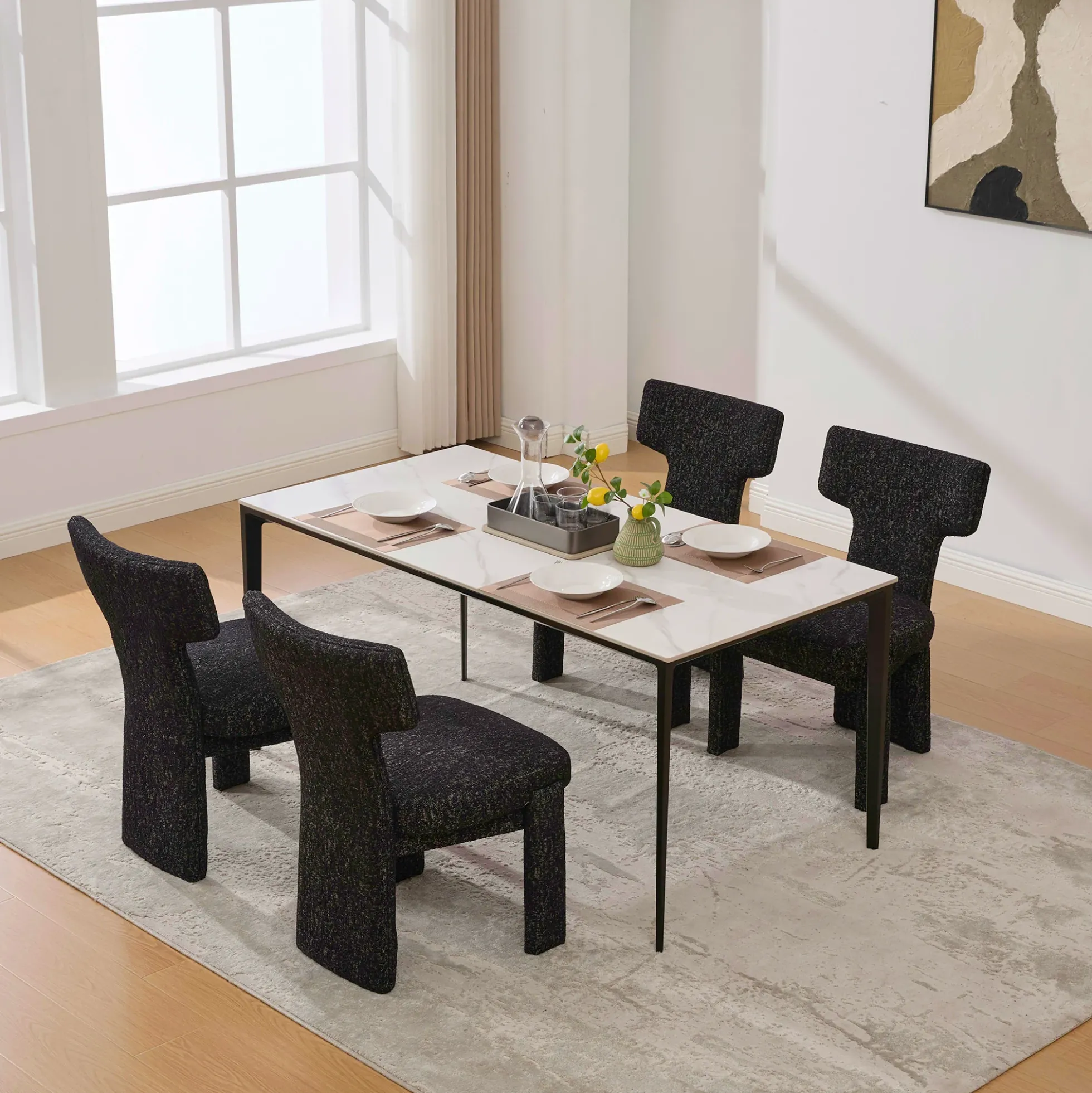 Curve Design Wide Modern Upholstered Chenille Dining Chair Set of 4