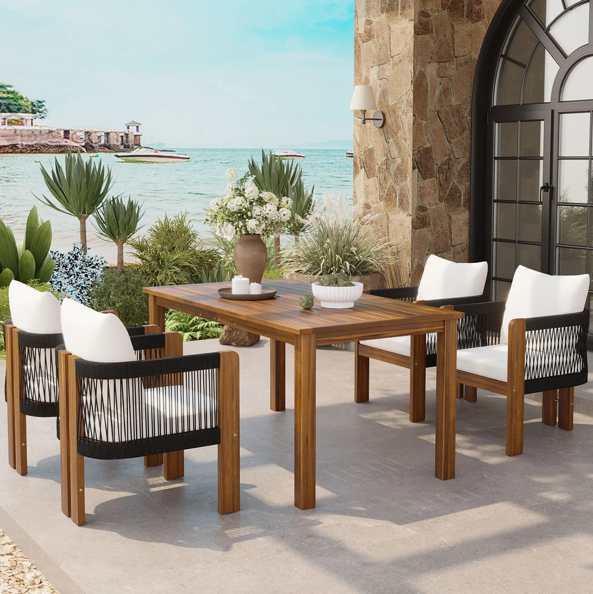 Curve Teak Wood Rope 5-Piece Outdoor Patio Dining Set for 4