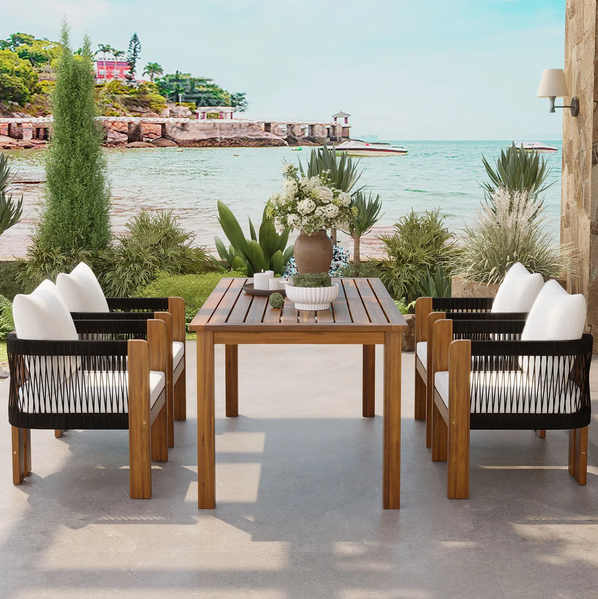Curve Teak Wood Rope 5-Piece Outdoor Patio Dining Set for 4