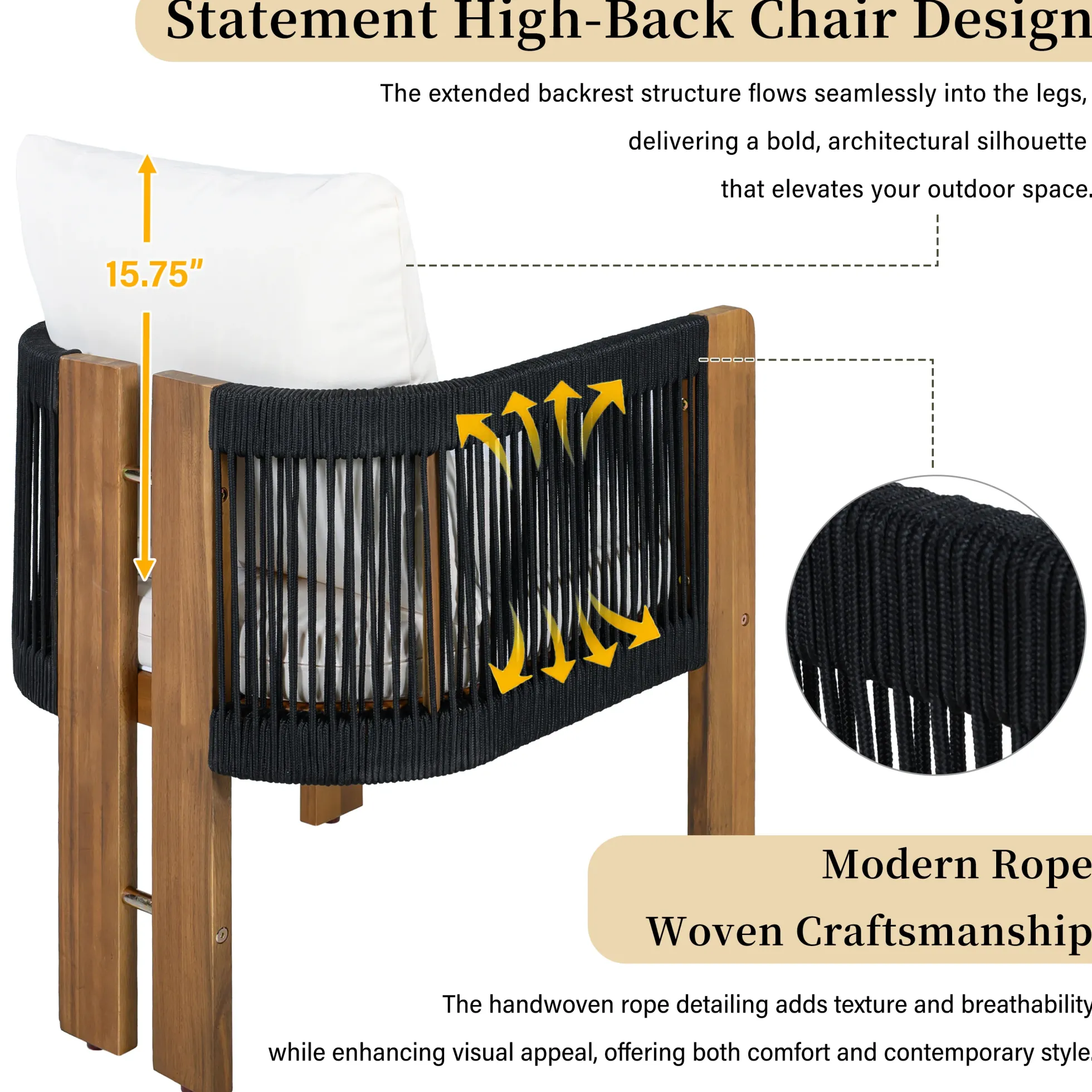 Curve Teak Wood Rope 5-Piece Outdoor Patio Dining Set for 4