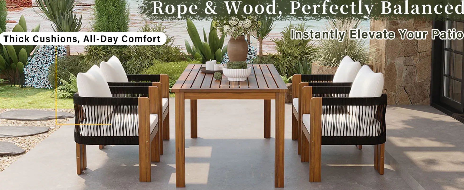 Curve Teak Wood Rope 5-Piece Outdoor Patio Dining Set for 4