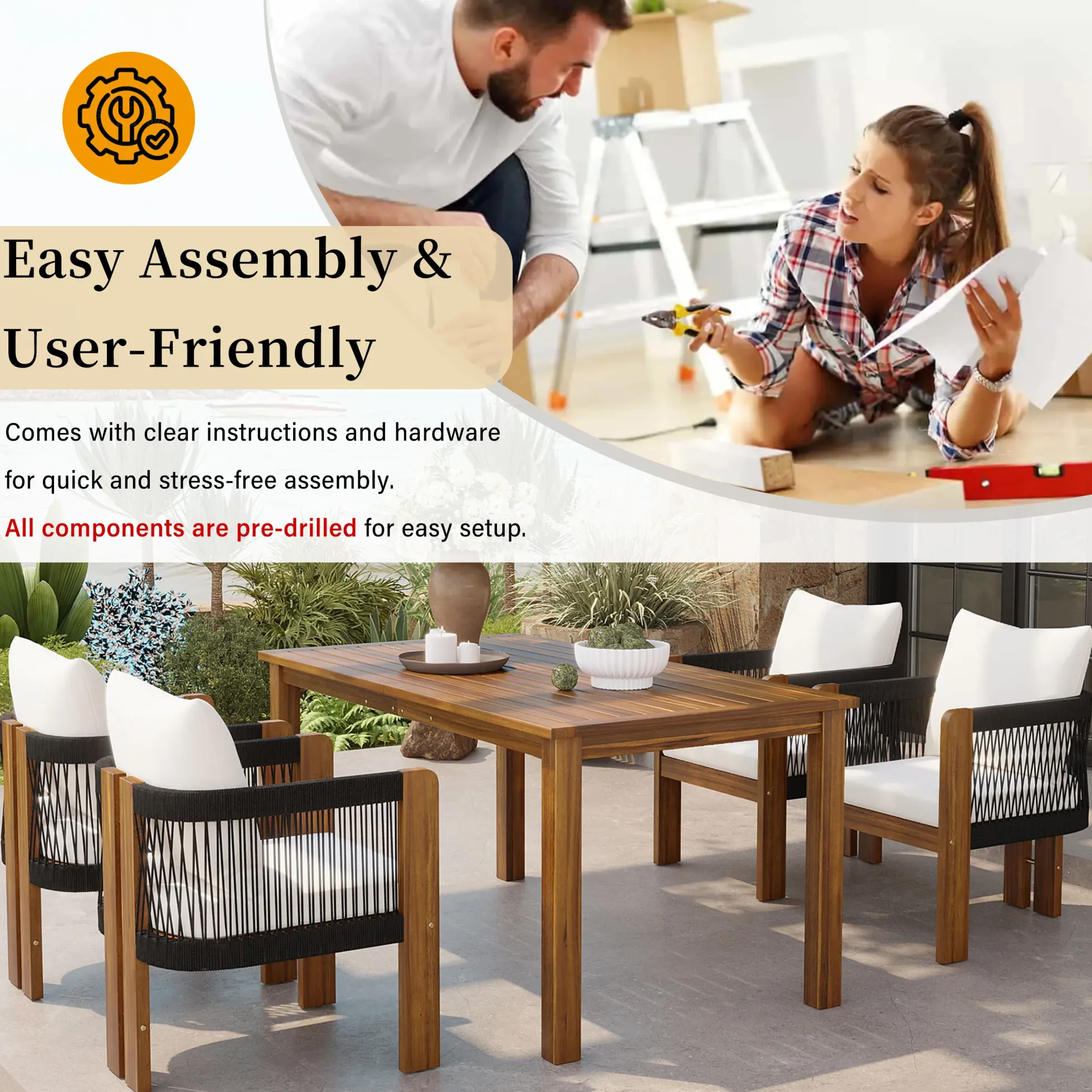 Curve Teak Wood Rope 5-Piece Outdoor Patio Dining Set for 4