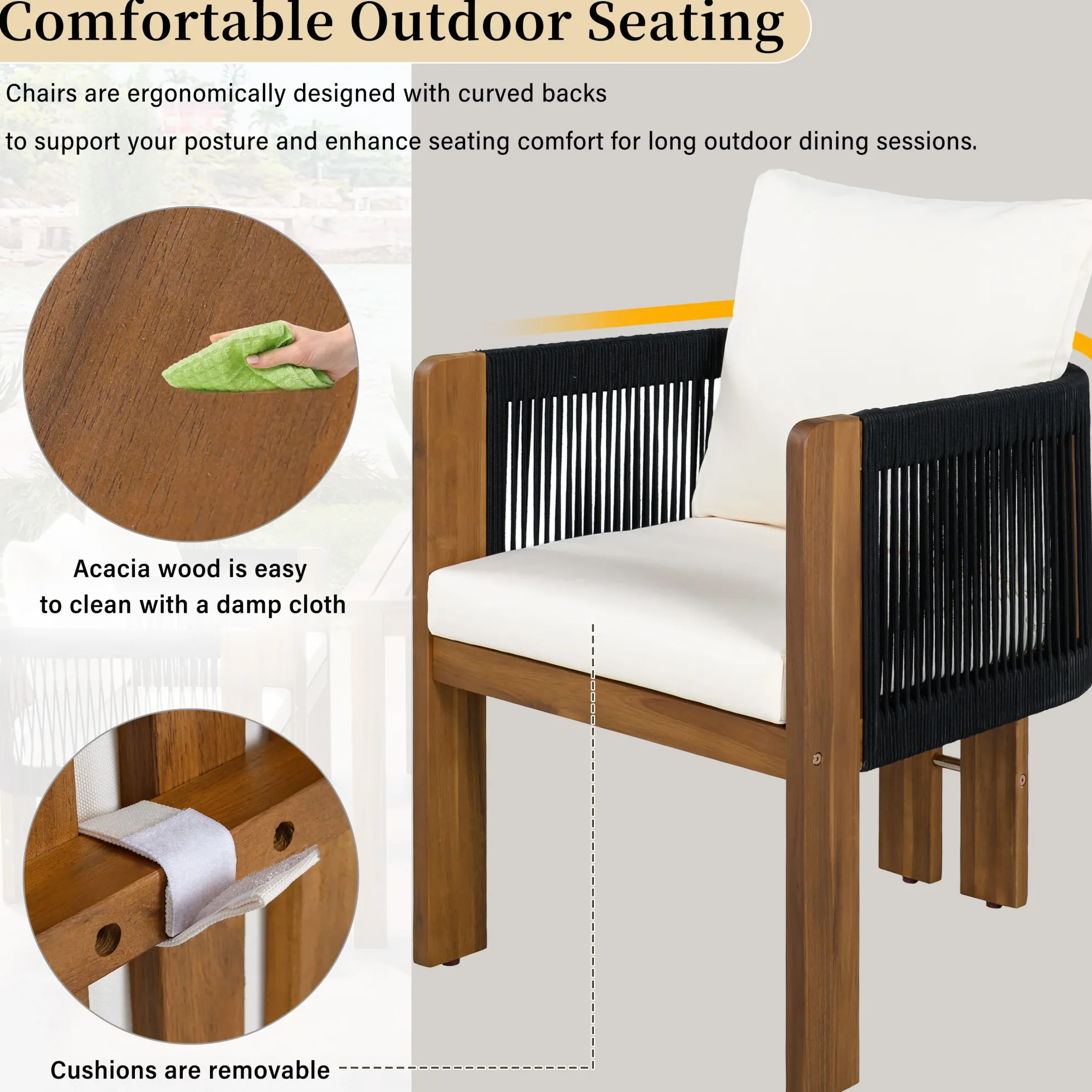 Curve Teak Wood Rope 5-Piece Outdoor Patio Dining Set for 4