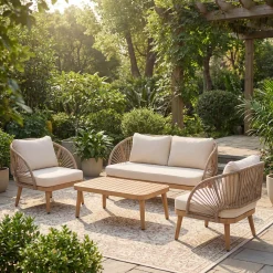 Curved Rope Design 4-Piece Acacia Wood Outdoor Patio Seating Set with Coffee Table