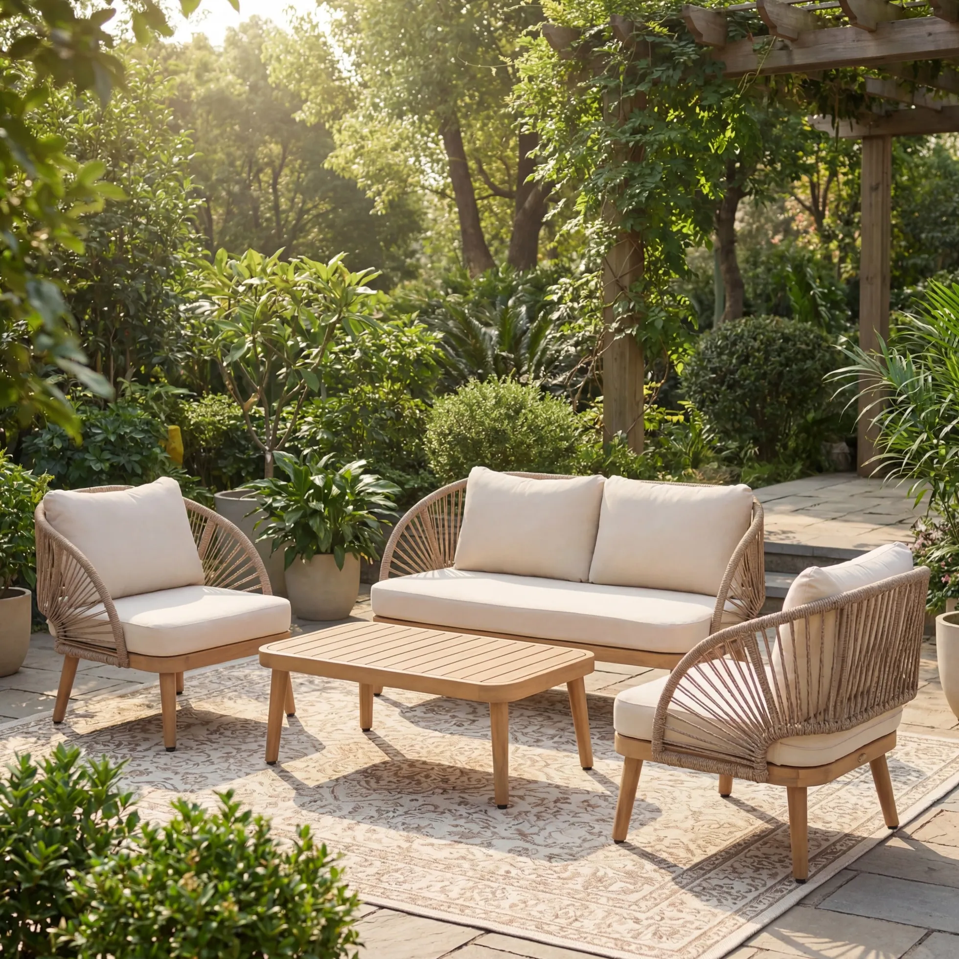 Curved Rope Design 4-Piece Acacia Wood Outdoor Patio Seating Set with Coffee Table
