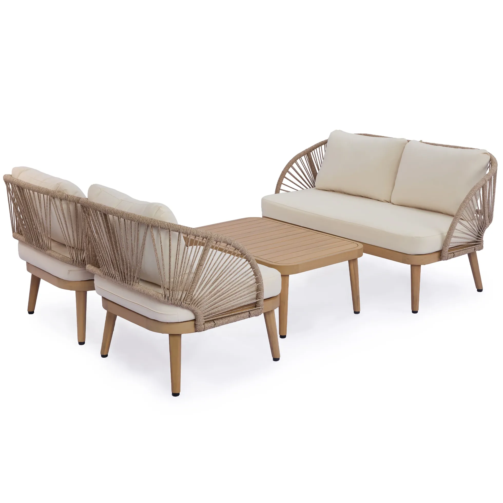 Curved Rope Design 4-Piece Acacia Wood Outdoor Patio Seating Set with Coffee Table