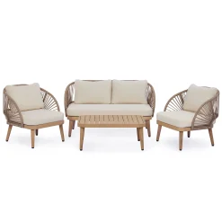 Curved Rope Design 4-Piece Acacia Wood Outdoor Patio Seating Set with Coffee Table