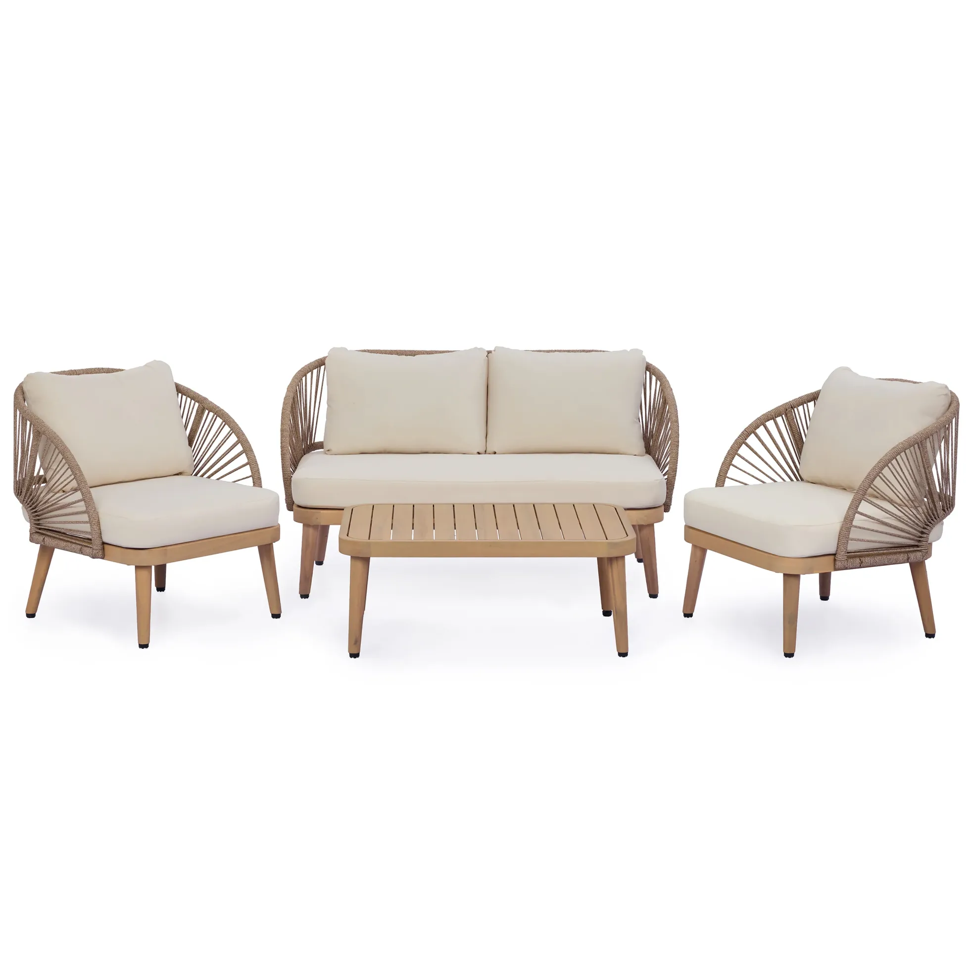 Curved Rope Design 4-Piece Acacia Wood Outdoor Patio Seating Set with Coffee Table