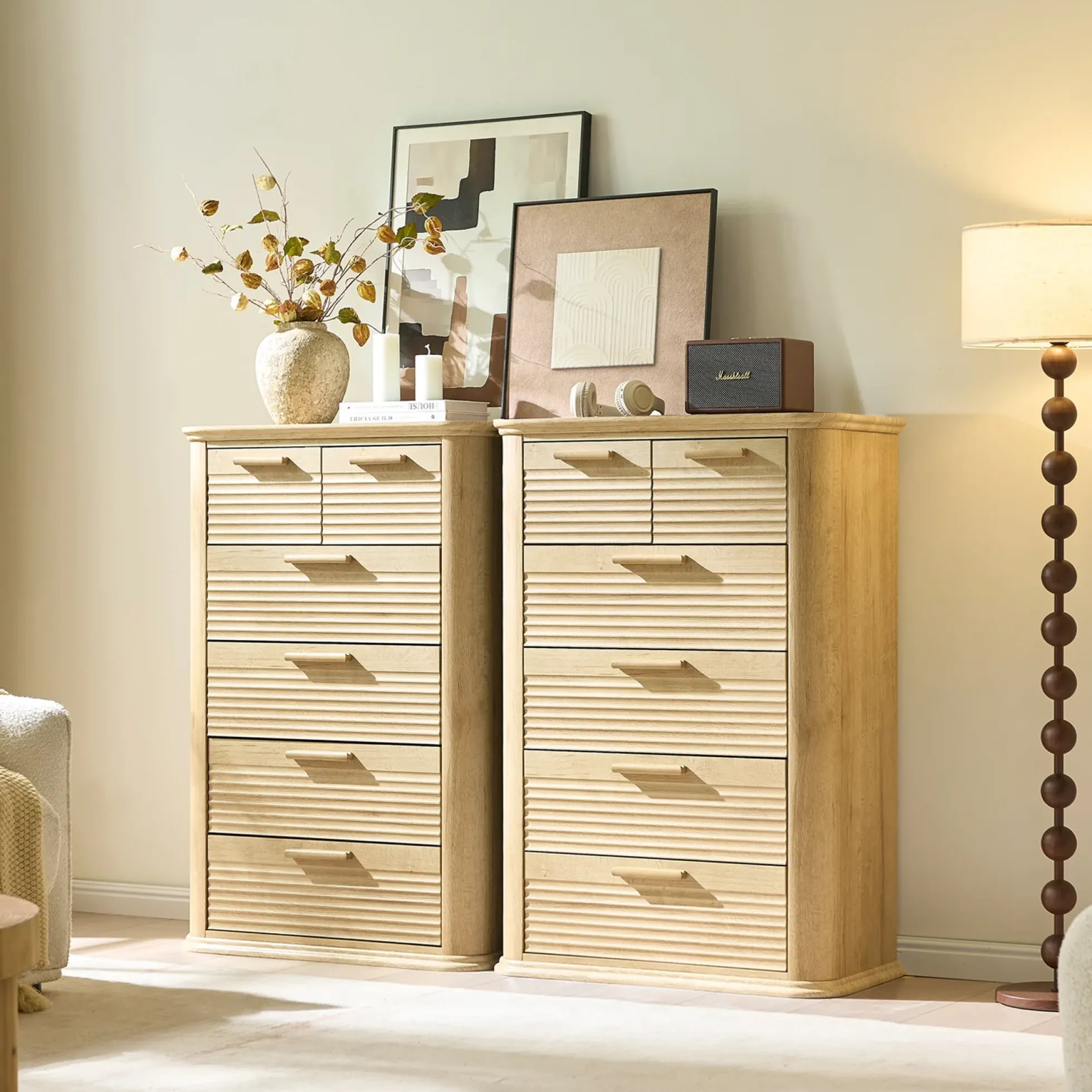 Curved Tall Fluted 6 Drawers Dresser Chest