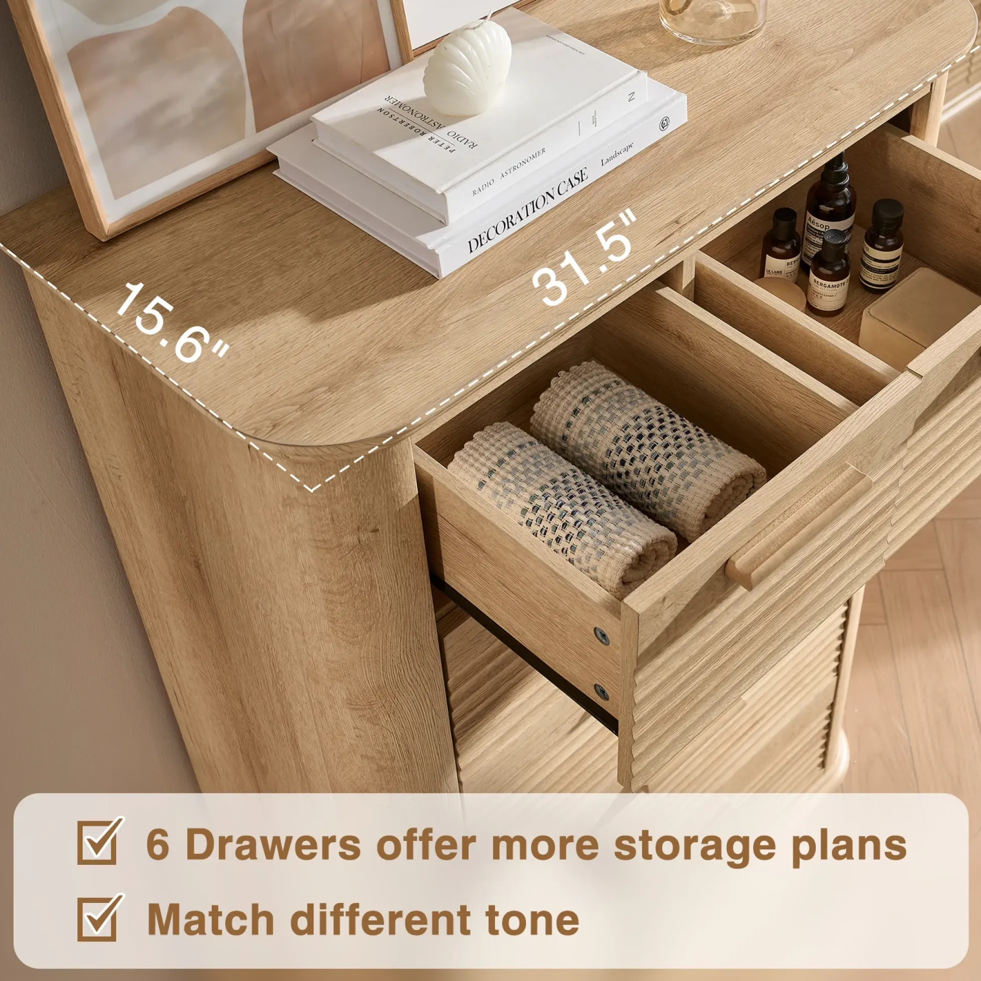 Curved Tall Fluted 6 Drawers Dresser Chest