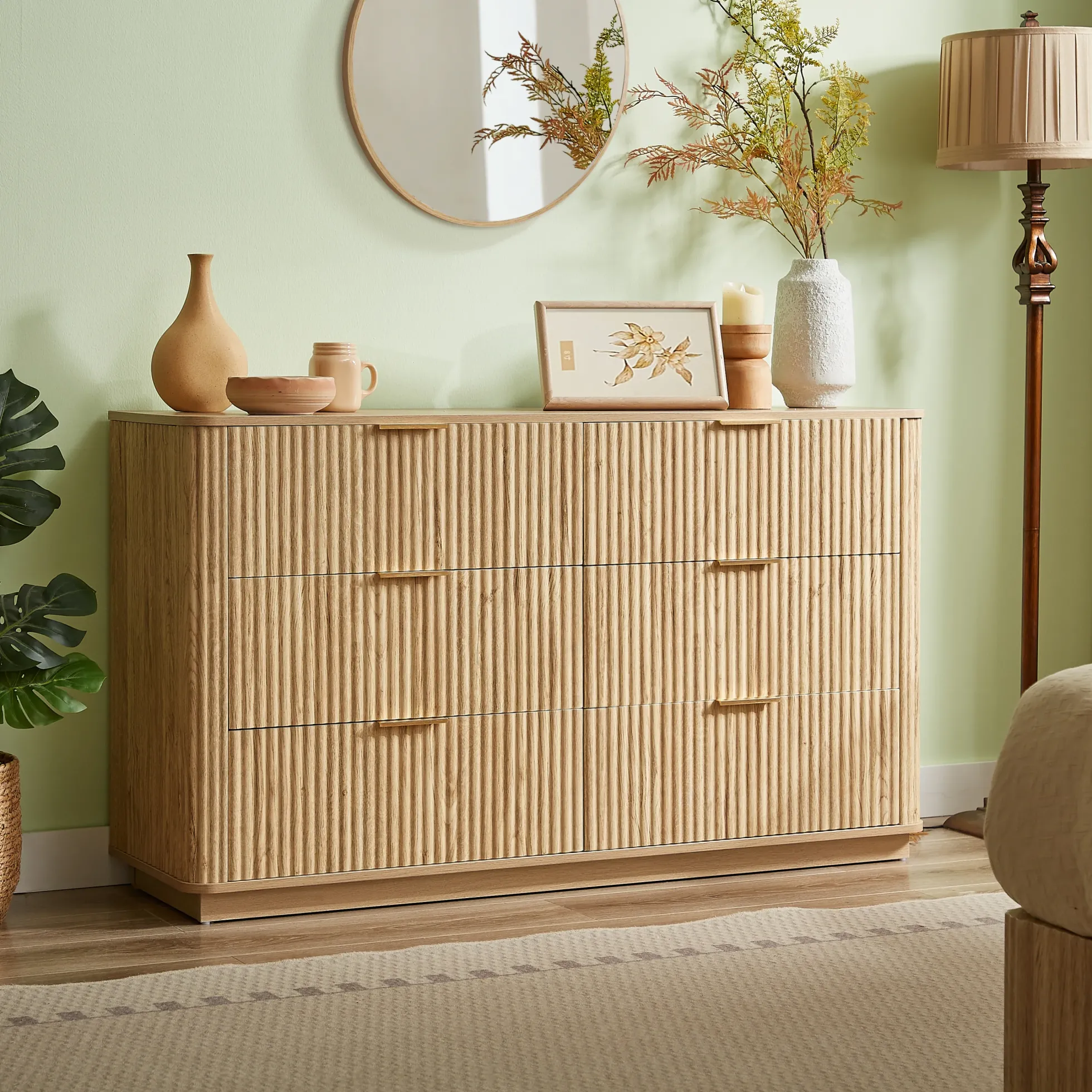 Curved wave Design Fluted 55' Wide Modern 6 Drawers Dresser