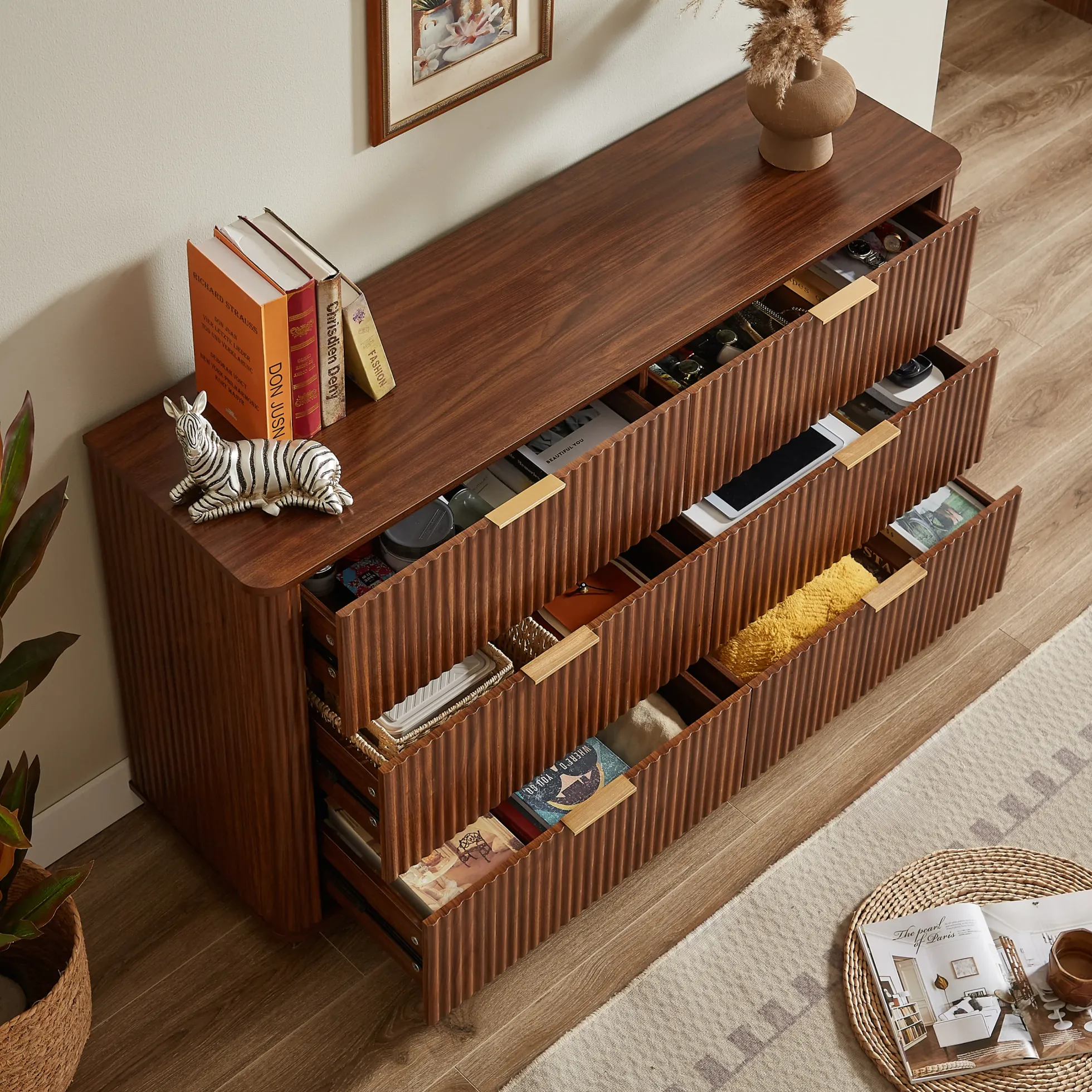 Curved wave Design Fluted 55' Wide Modern 6 Drawers Dresser