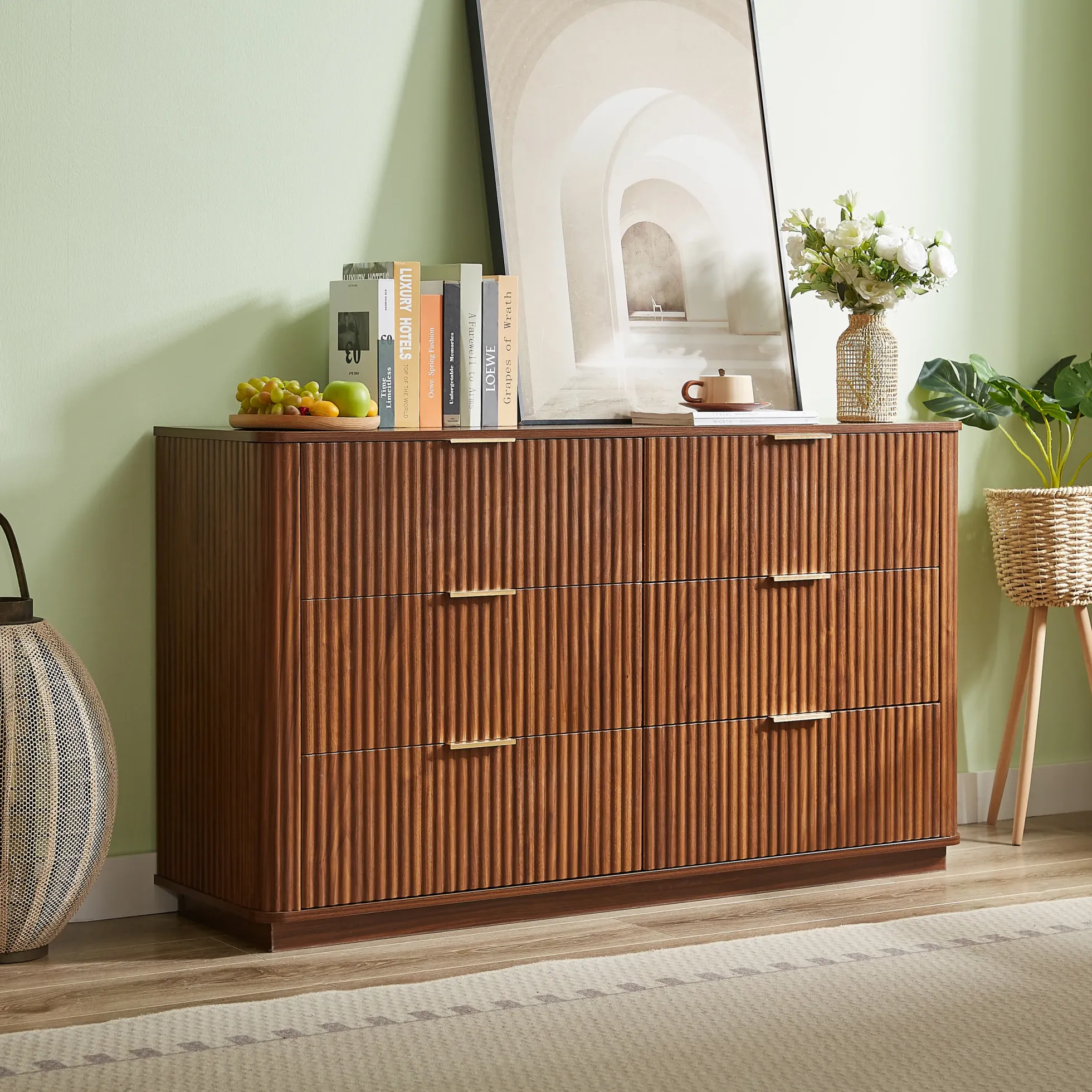 Curved wave Design Fluted 55' Wide Modern 6 Drawers Dresser
