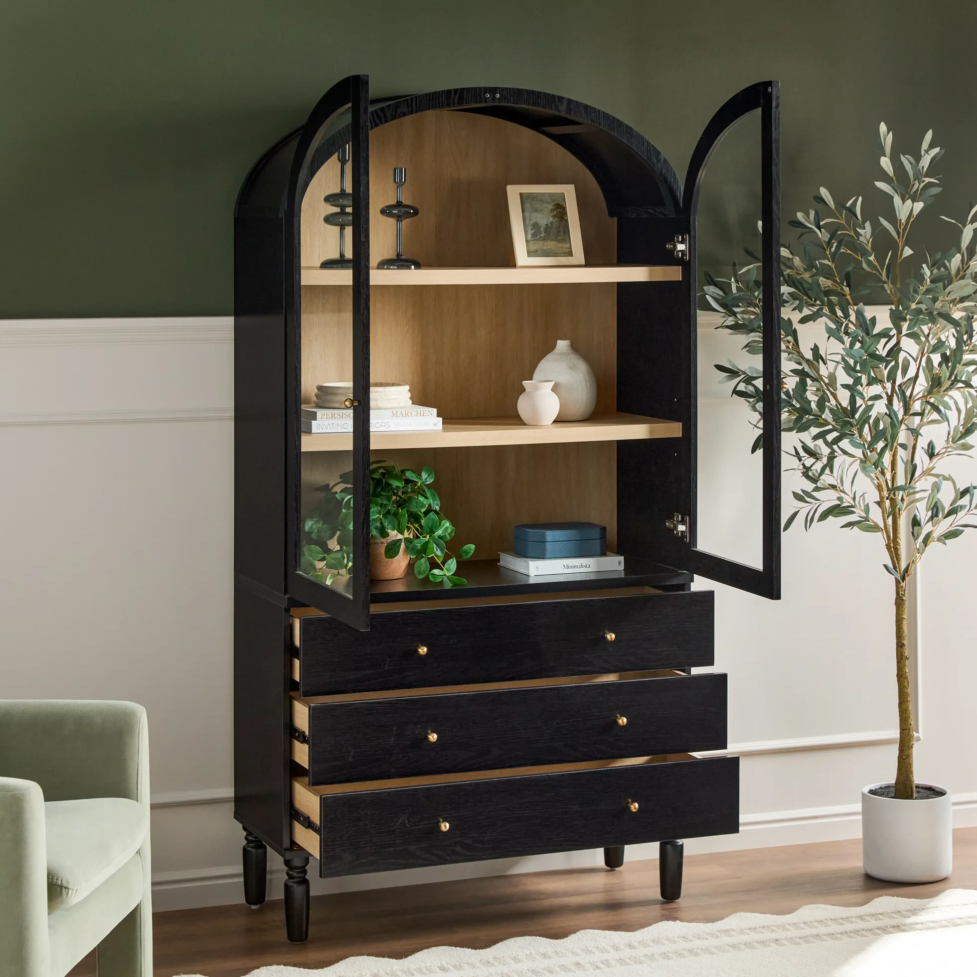 Darci Modern Arched Bookshelf Cabinet with Glass Doors