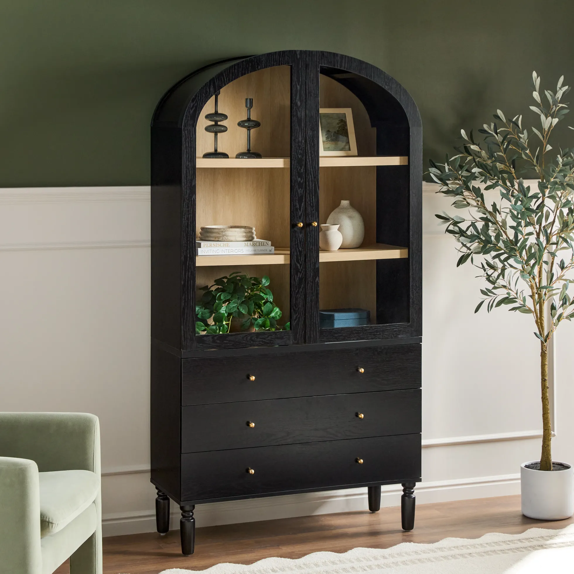 Darci Modern Arched Bookshelf Cabinet with Glass Doors