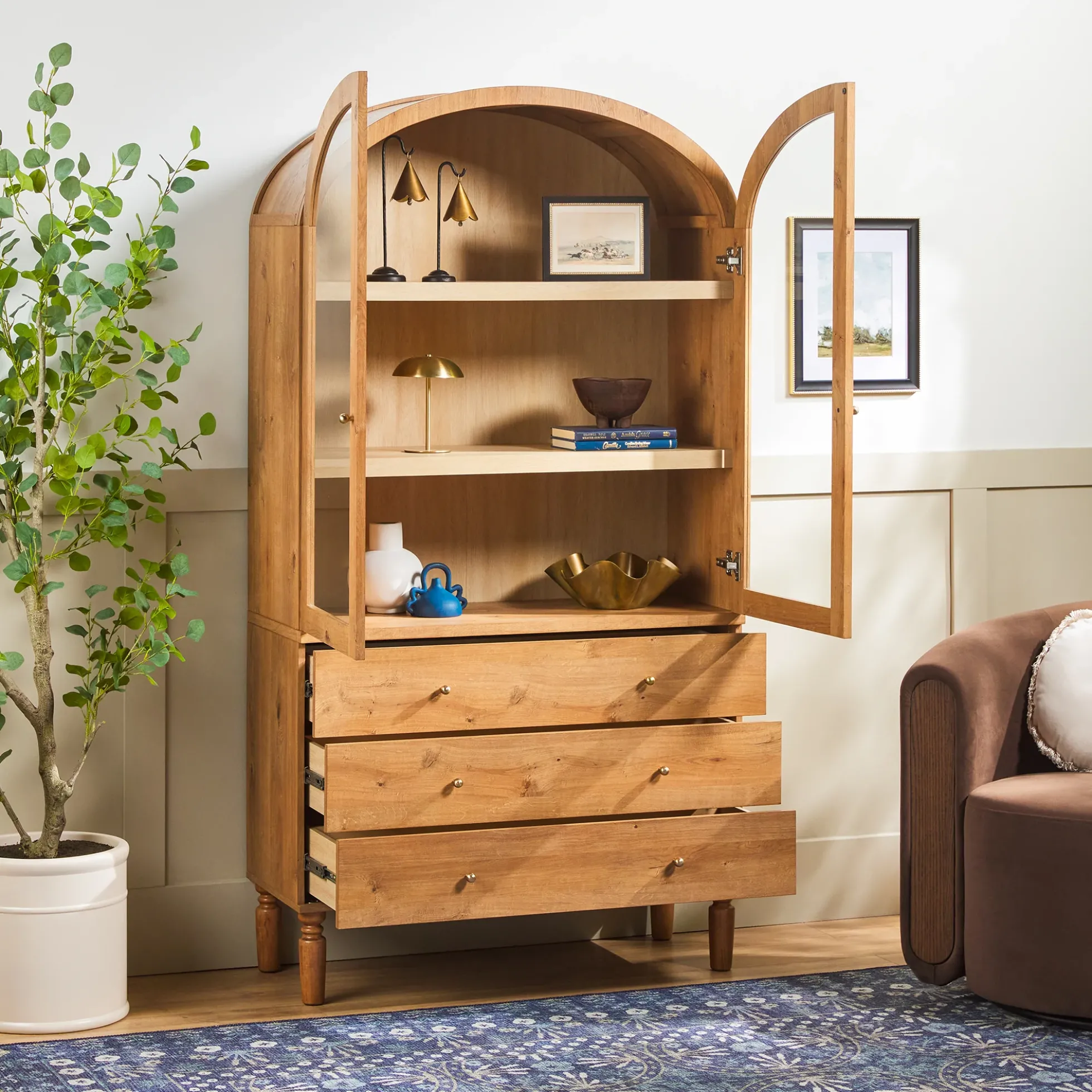 Darci Modern Arched Bookshelf Cabinet with Glass Doors