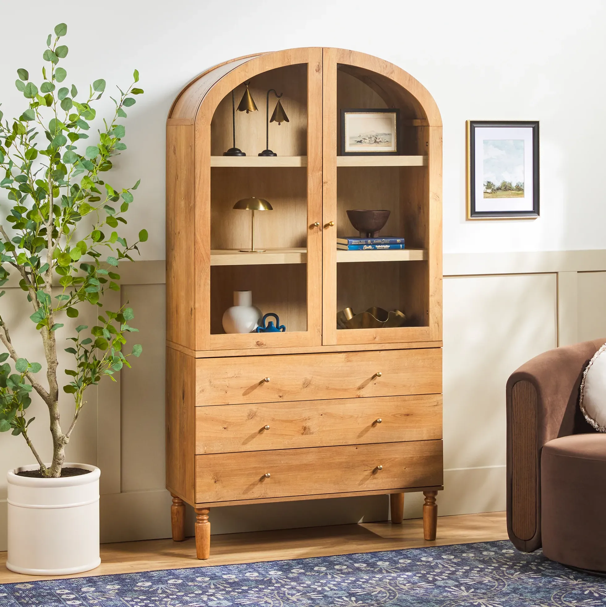 Darci Modern Arched Bookshelf Cabinet with Glass Doors