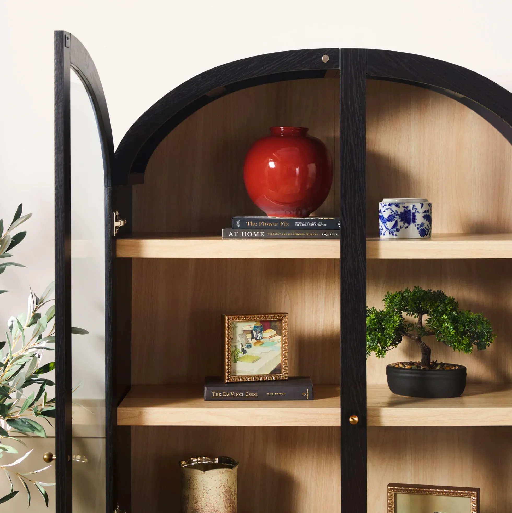 Darci Modern Arched Bookshelf Cabinet with Glass Doors & Inner Drawers