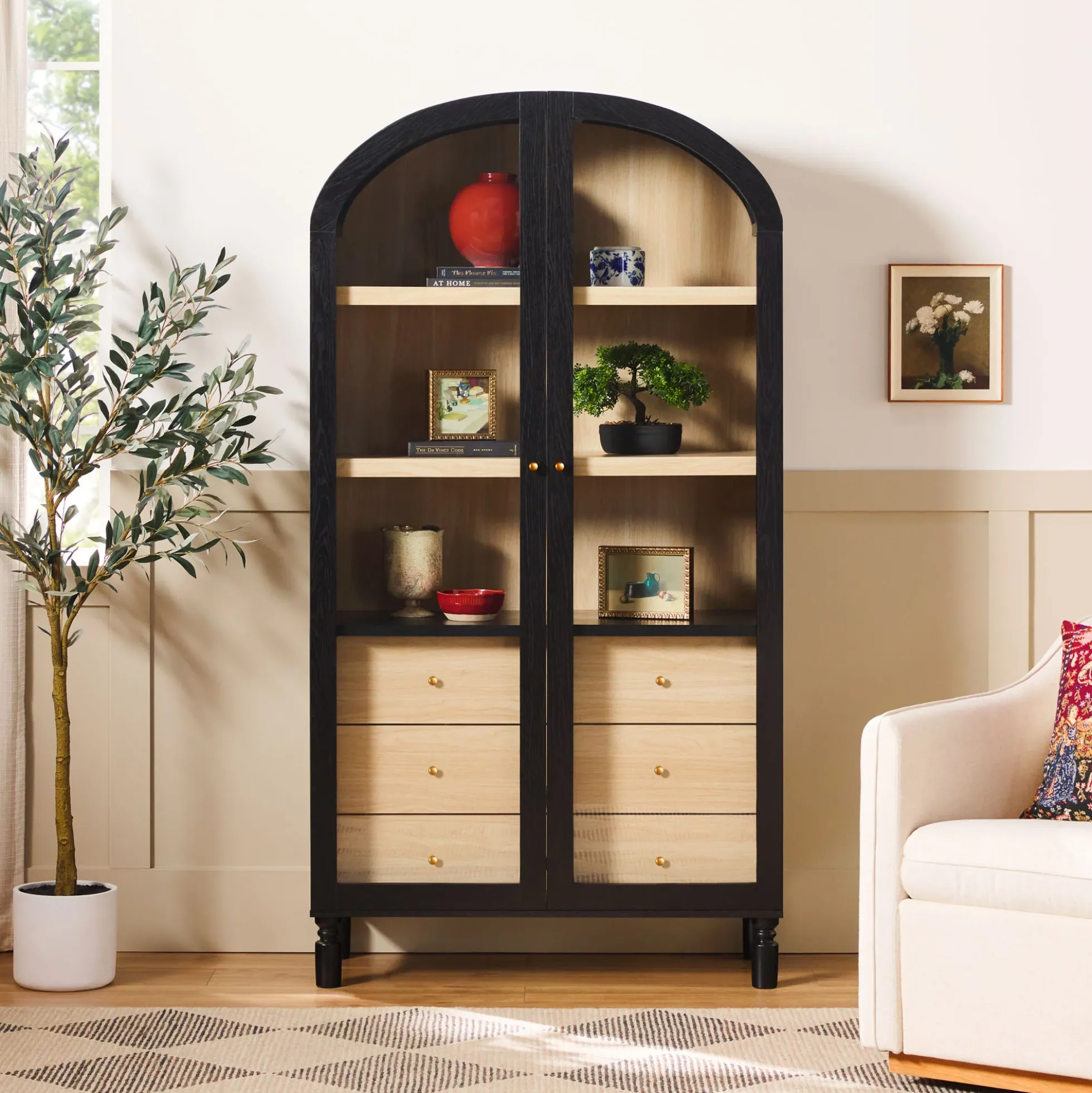 Darci Modern Arched Bookshelf Cabinet with Glass Doors & Inner Drawers