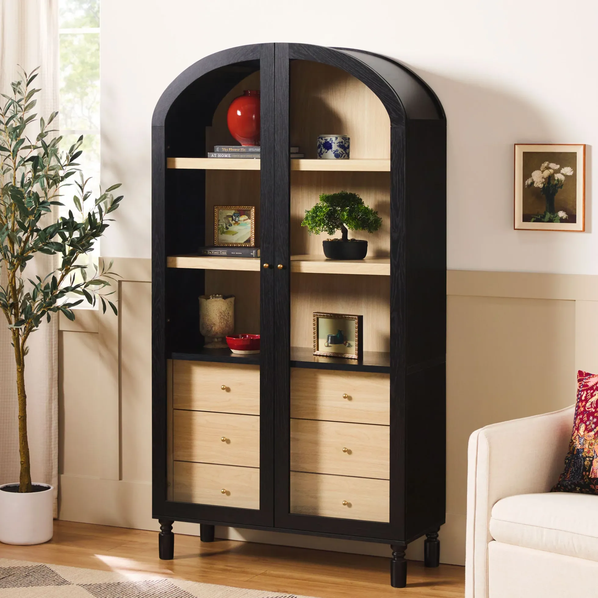 Darci Modern Arched Bookshelf Cabinet with Glass Doors & Inner Drawers