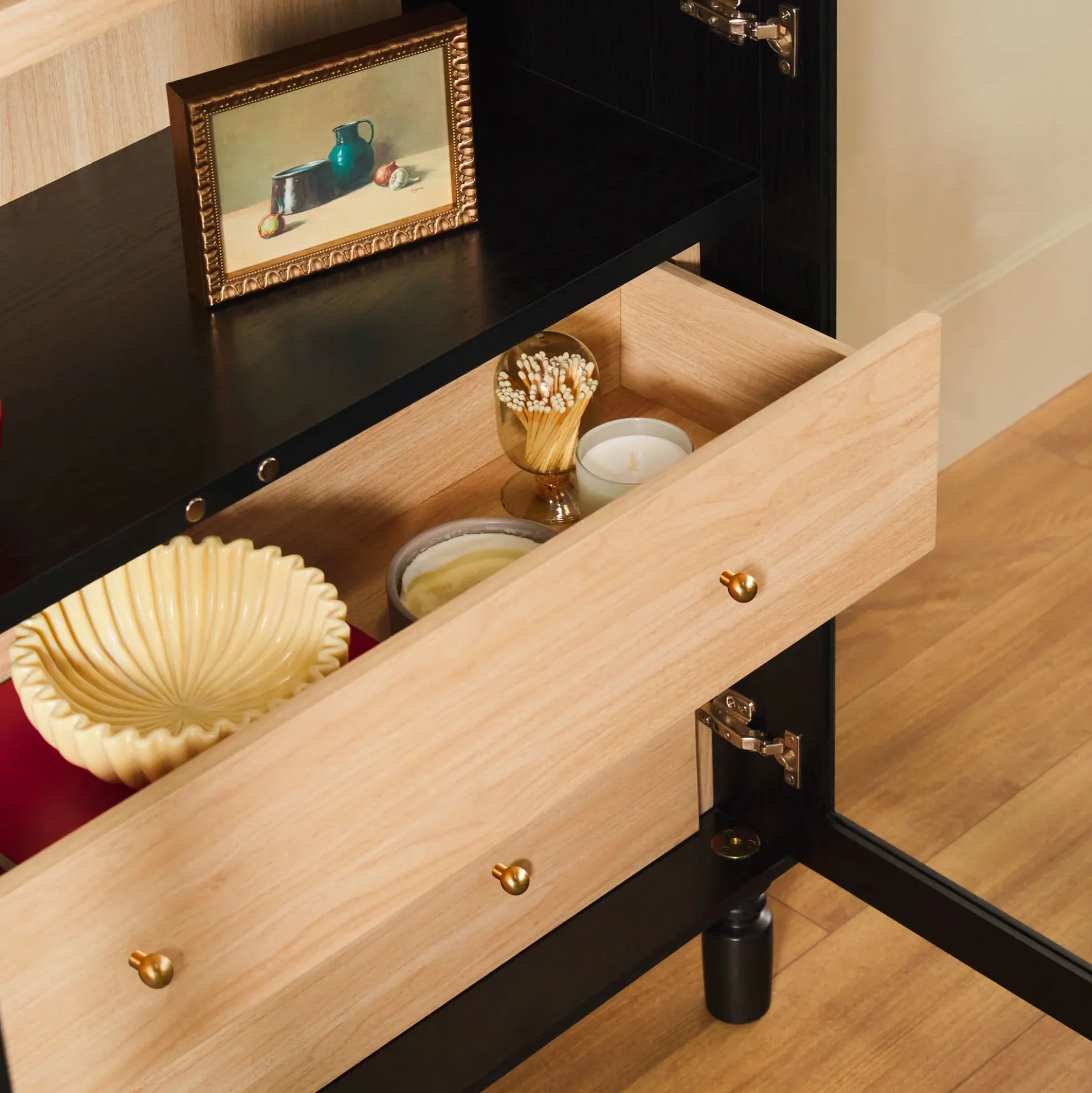 Darci Modern Arched Bookshelf Cabinet with Glass Doors & Inner Drawers
