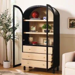 Darci Modern Arched Bookshelf Cabinet with Glass Doors & Inner Drawers
